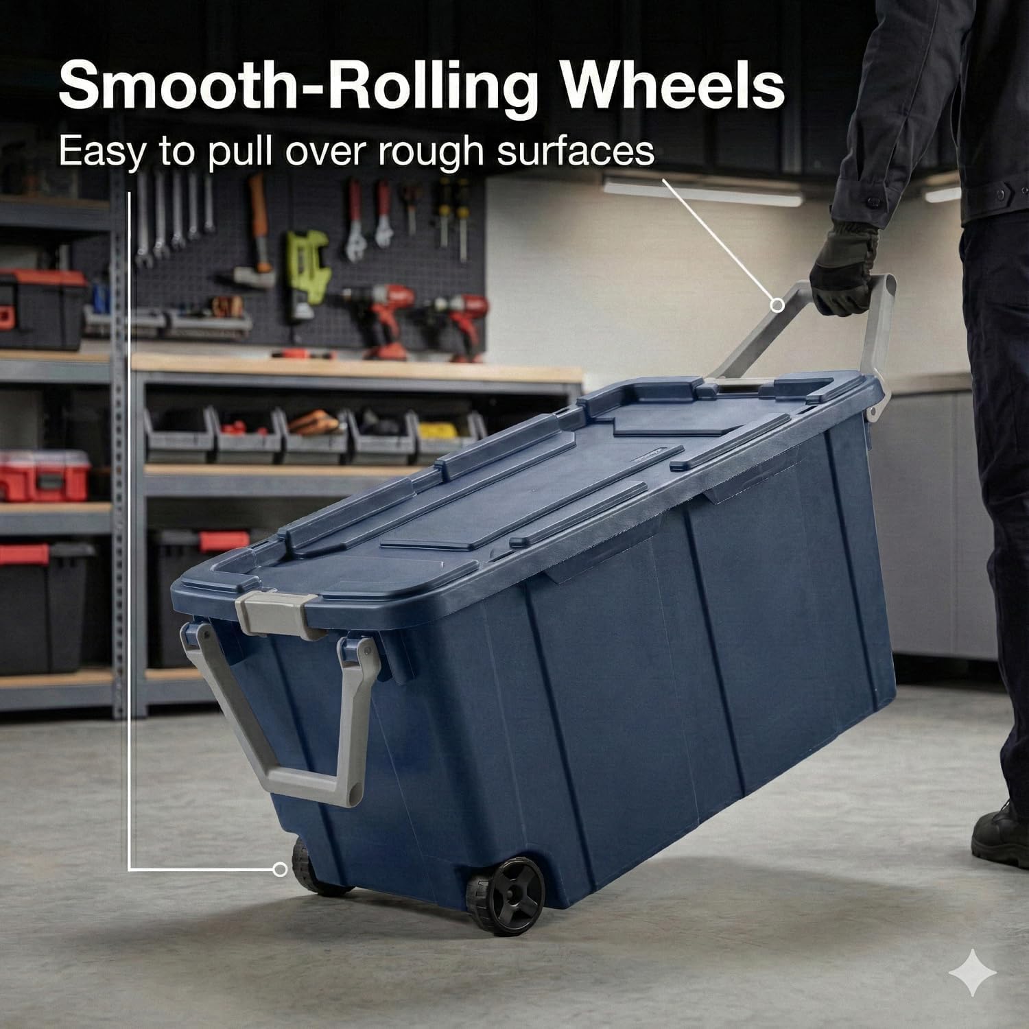 40 Gallon Wheeled Storage Tote with Lid – Heavy Duty Rolling Storage Bin with Ergonomic Handle & Secure Latches – Large Plastic Stackable Container for Garage Basement Workshop (Blue)