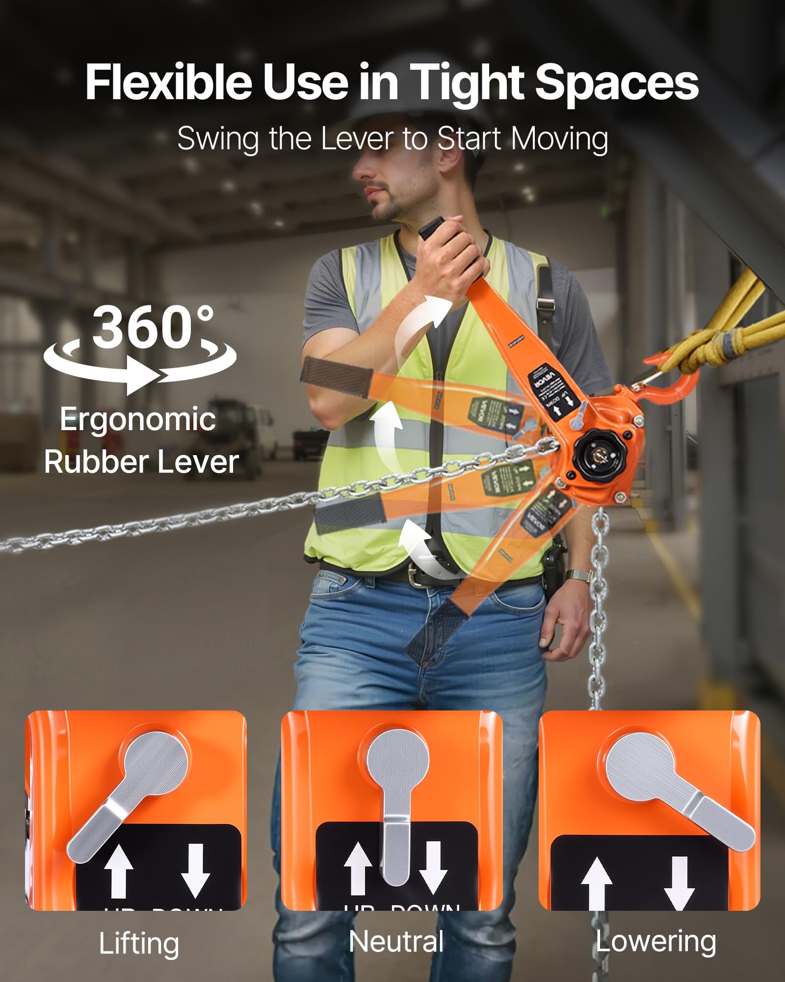VEVOR Polipasto de Cadena Manual Carga de 3 T, Elevación de 6 m, Cadena de Acero Aleado G80 con Freno Mecánico de Doble Trinquete, Ganchos Giratorios de 360°, para Almacenes, Construcción, Garajes