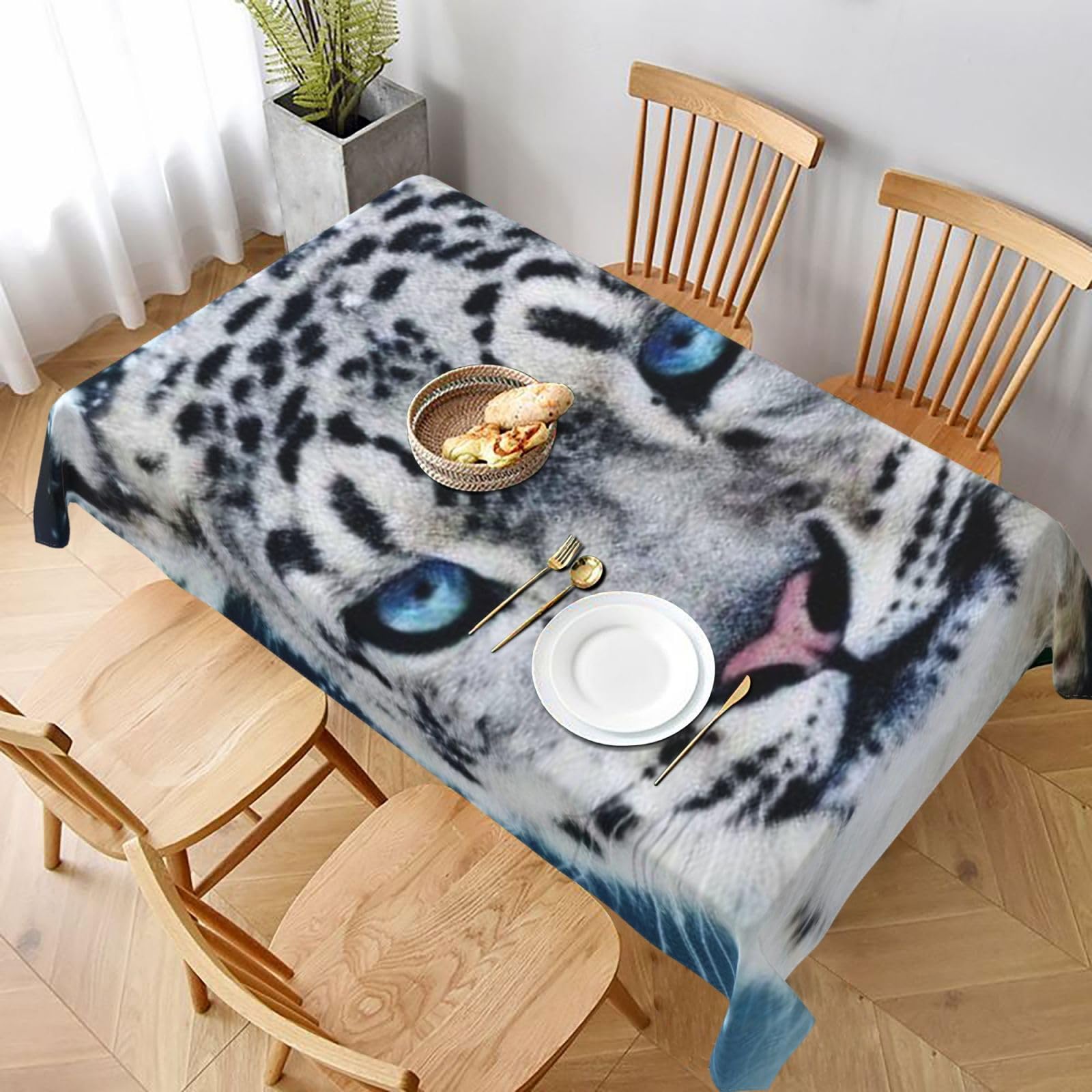 BNVSADC Blue eyed snow leopard Printed Rectangle Tablecloth 228x152 CM, Water Resistant Polyester Table Cloth Decorative Fabric Table Covers for Kitchen Dining Table Parties Camping