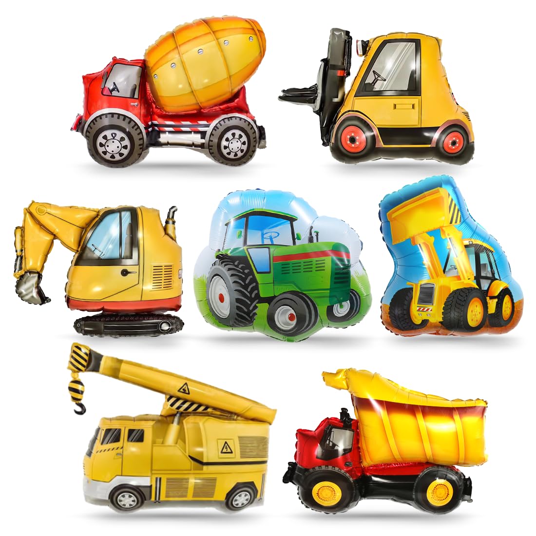 7 Stück Bagger Folienballon, XXL Bulldozer Ballon, Gabelstapler Luftballons, Traktor Riesenballon, Konstruktion Helium Ballon für Jungen Baustelle Geburtstag Abschluss Deko