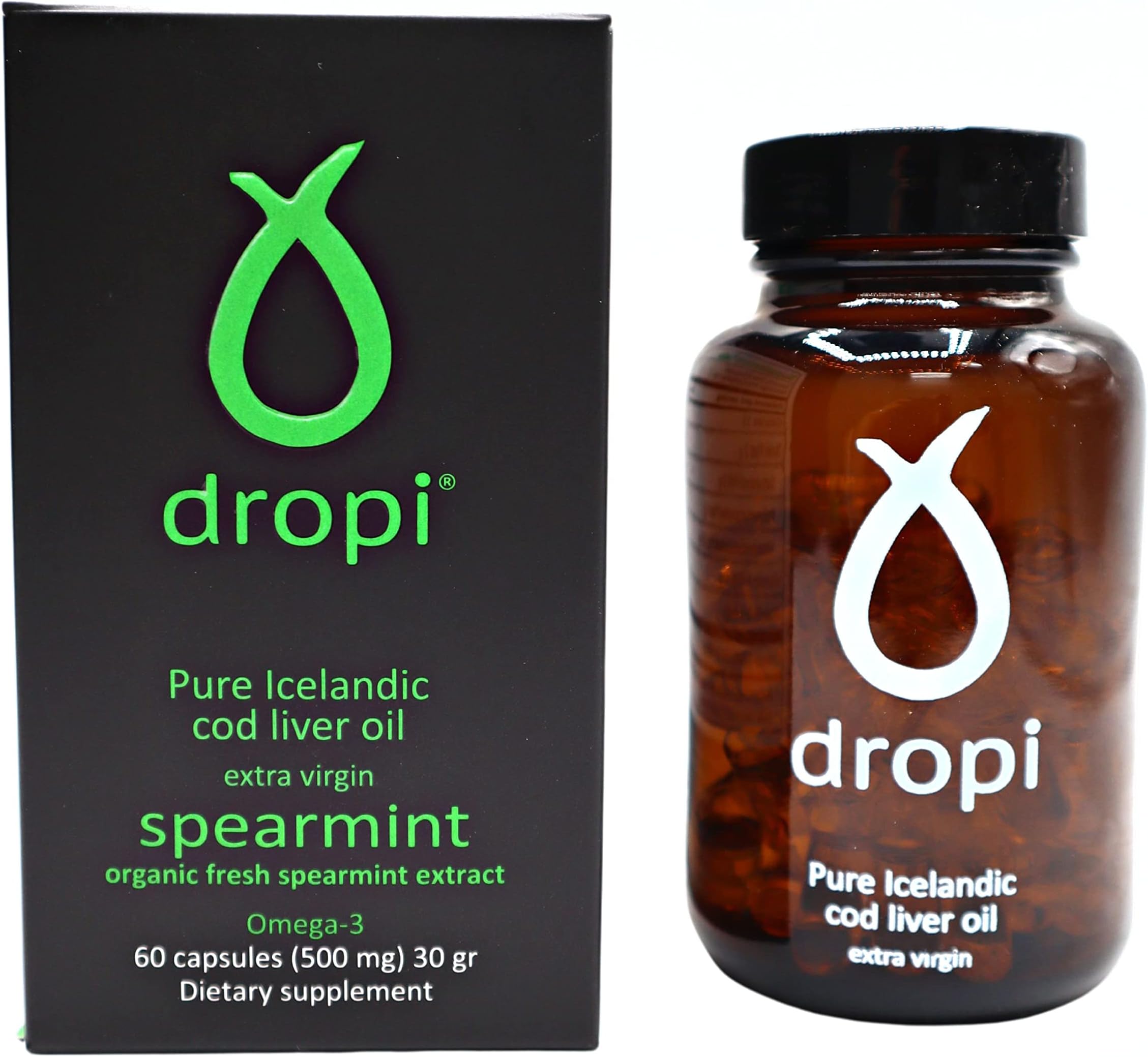 Dropi Pure Icelandic Cod Liver Oil Capsules - Extra Virgin - Organic Fresh Spearmint Extract - Cod Liver Oil Softgels Naturally Rich in Super Omega 3 Fatty Acids, Vitamin A, Vitamin D - 60 Ct (500mg)