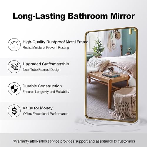 Miniatura 5 de ANDY STAR Espejo de baño dorado cepillado de 48 x 30 pulgadas, espejo de tocador de baño de latón redondeado, SUS304, espejo de marco de metal