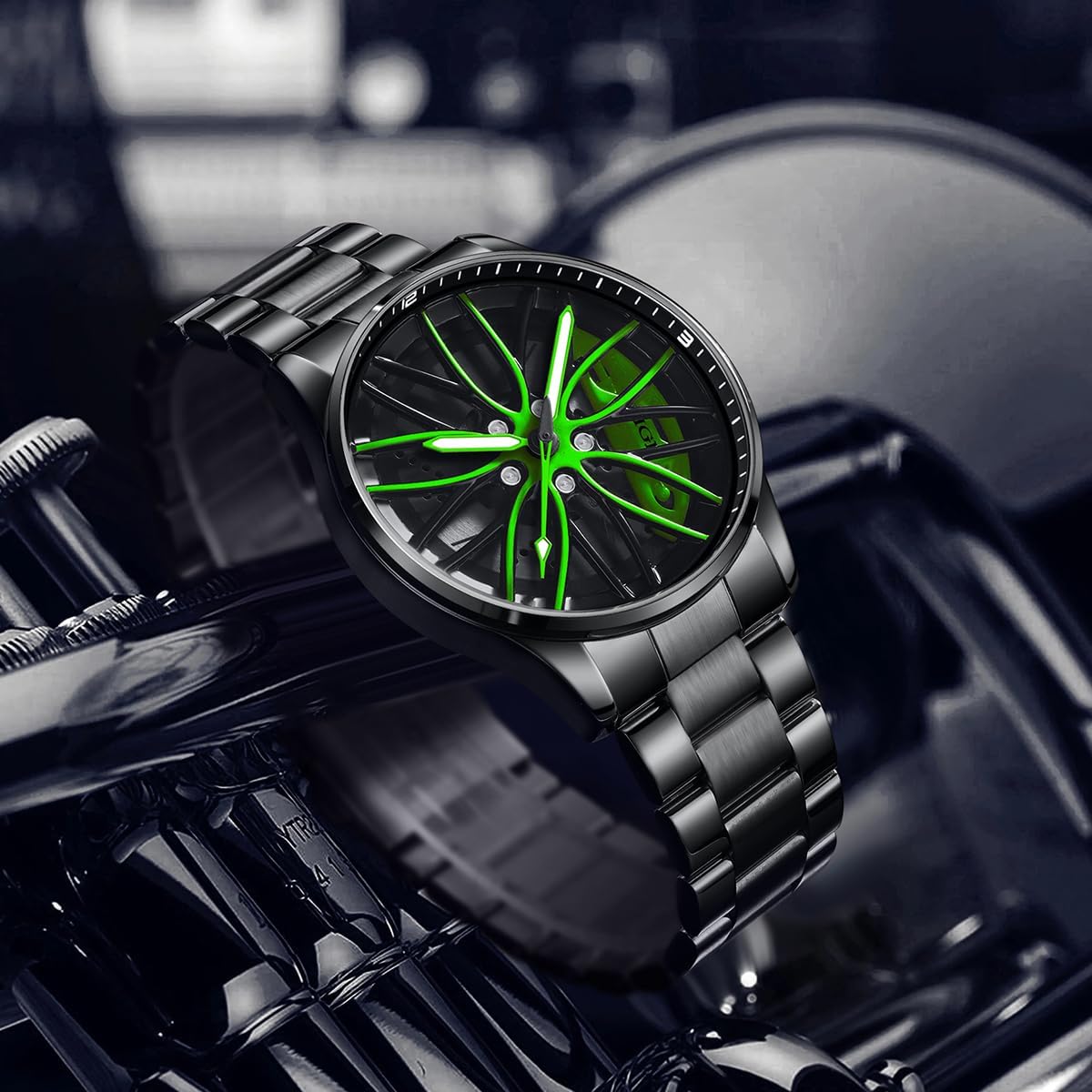 Mens Wrist Watch Creative 3D Spinning Car Wheel Rotating Watches Rim Hub Design Fashion Quartz Stylish Wristwatch with Stainless Steel Strap Gifts for Car Enthusiasts