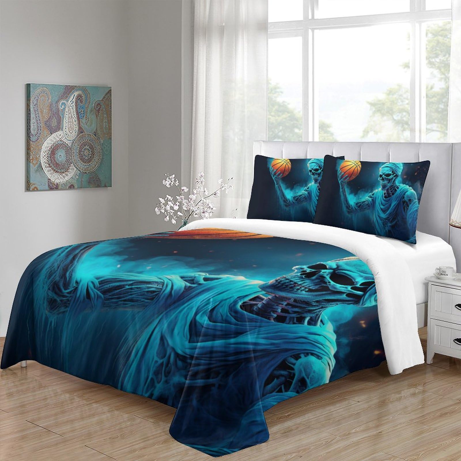 Baloncesto esqueleto Copripiumino 3D Stampato Con Federe,Deportes Bedding Set Con Copripiumini Chiusura A Cerniera, Morbida Microfibra Quilt Cover King（220x240cm）