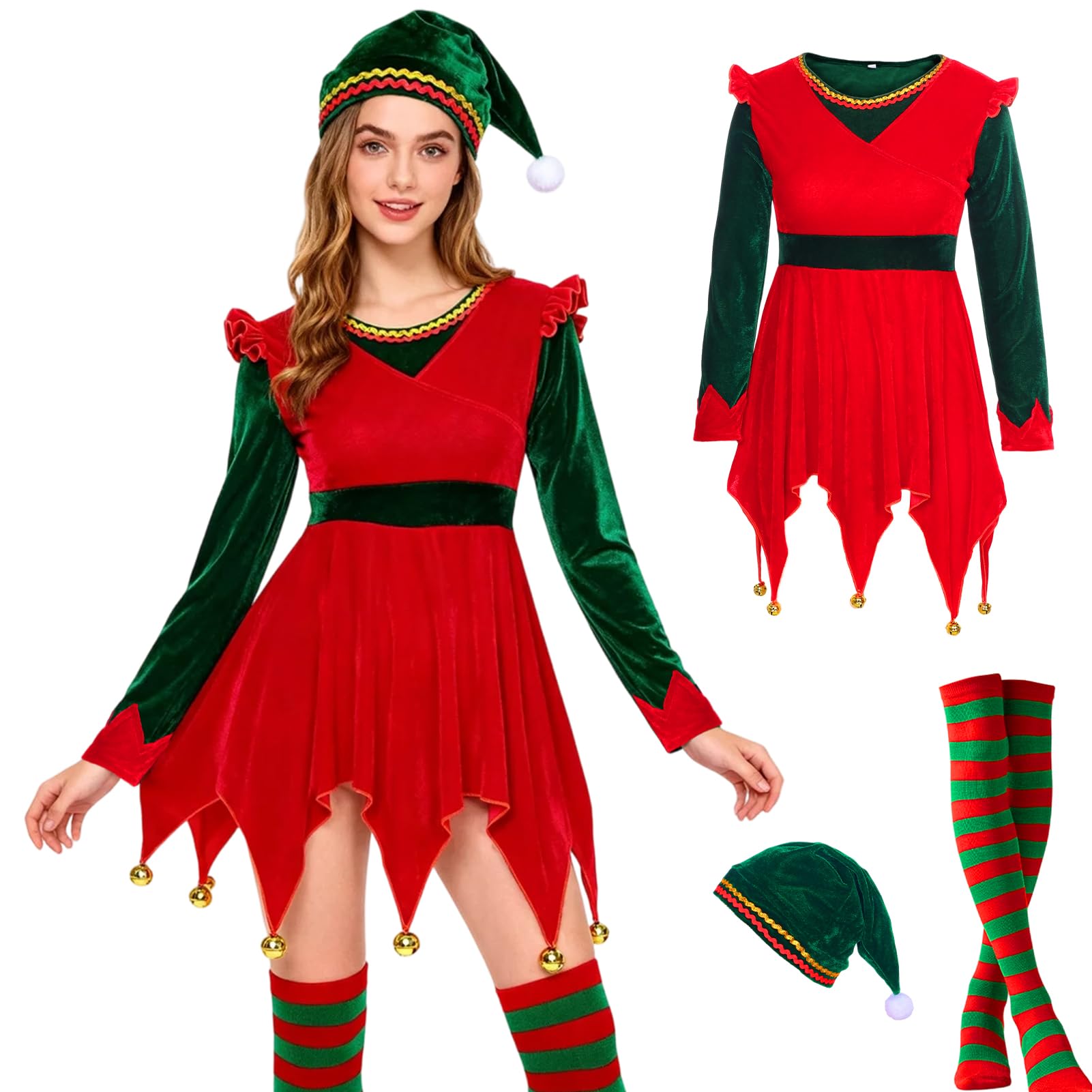 Crittygo Christmas Elf Costume Womens, Red Green Elf Outfit With Hat Socks, Santa Helper Fancy Dress Womens Christmas Costume