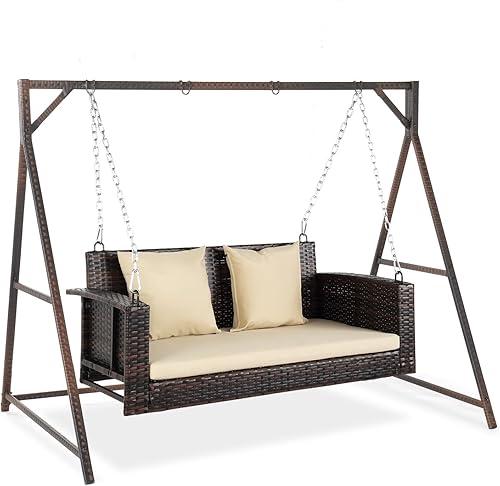 Miniatura 1 de VINGLI Columpio de mimbre para porche al aire libre con soporte, juego de ratán resistente de 800 libras con cojines, 4 pies para patio, jardín,