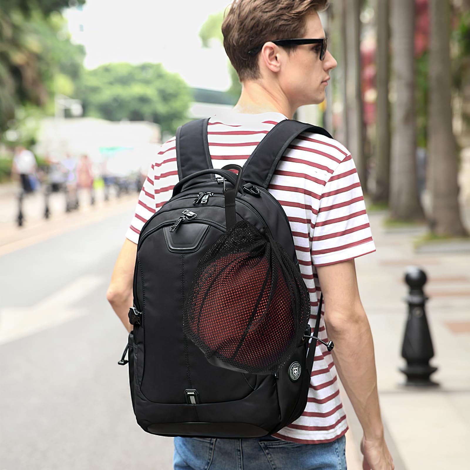 Sac à Ballon Portable avec Filet pour Basket-Ball, Football, Volleyball, Tennis - Gris