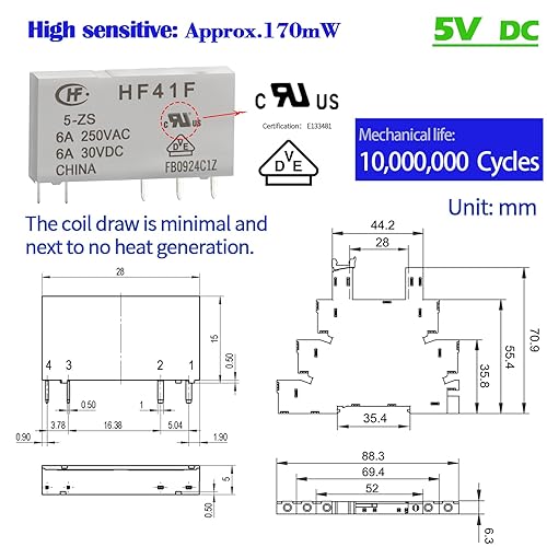 Miniatura 30 de Relé de potencia miniatura 12V CC/AC HF41F/12-ZS 5 pines 1NO 1NC 6A SPDT, base de enchufe con indicador LED 41F-1Z-C2, con carril DIN, 3 relés