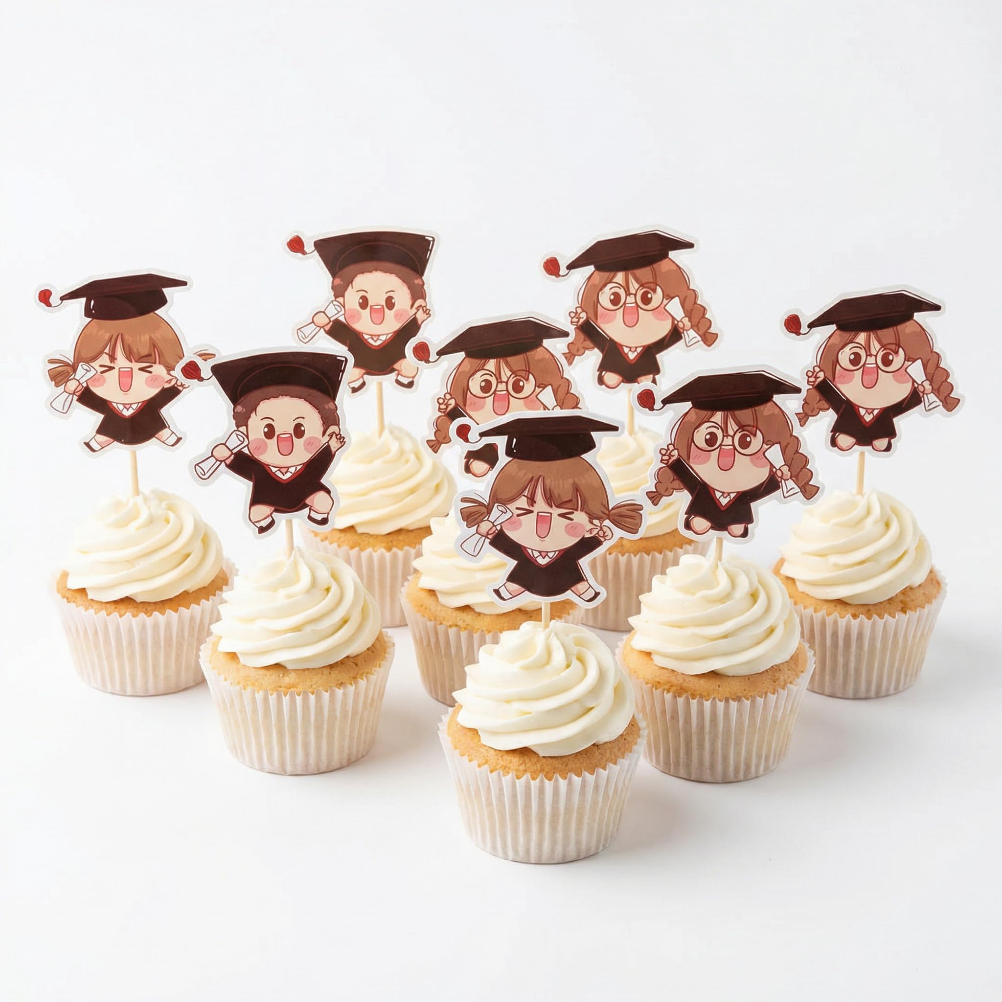 Arthsdite 24 Pcs Cute Cartoon Graduation Cupcake Toppers Student Grad Cap Cupcake Picks for 2026 Graduation Party Decorations Kindergarten Preschool High School Graduation Supplies