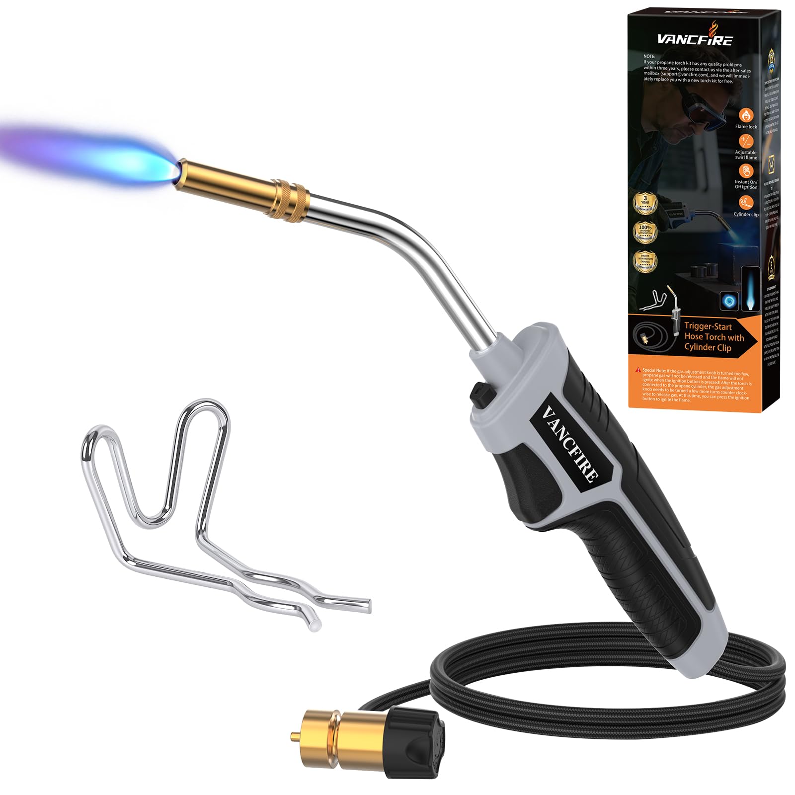 [BRSRGBI3O5YBM2DD] Propane Torch Head with 5FT Hose, Trigger Start MAPP Gas Torch Kit with Cylinder Clip, High Intensity Welding Soldering Torch for Soldering, Brazing, Plumbing (Gas Tank Not Included)(13")