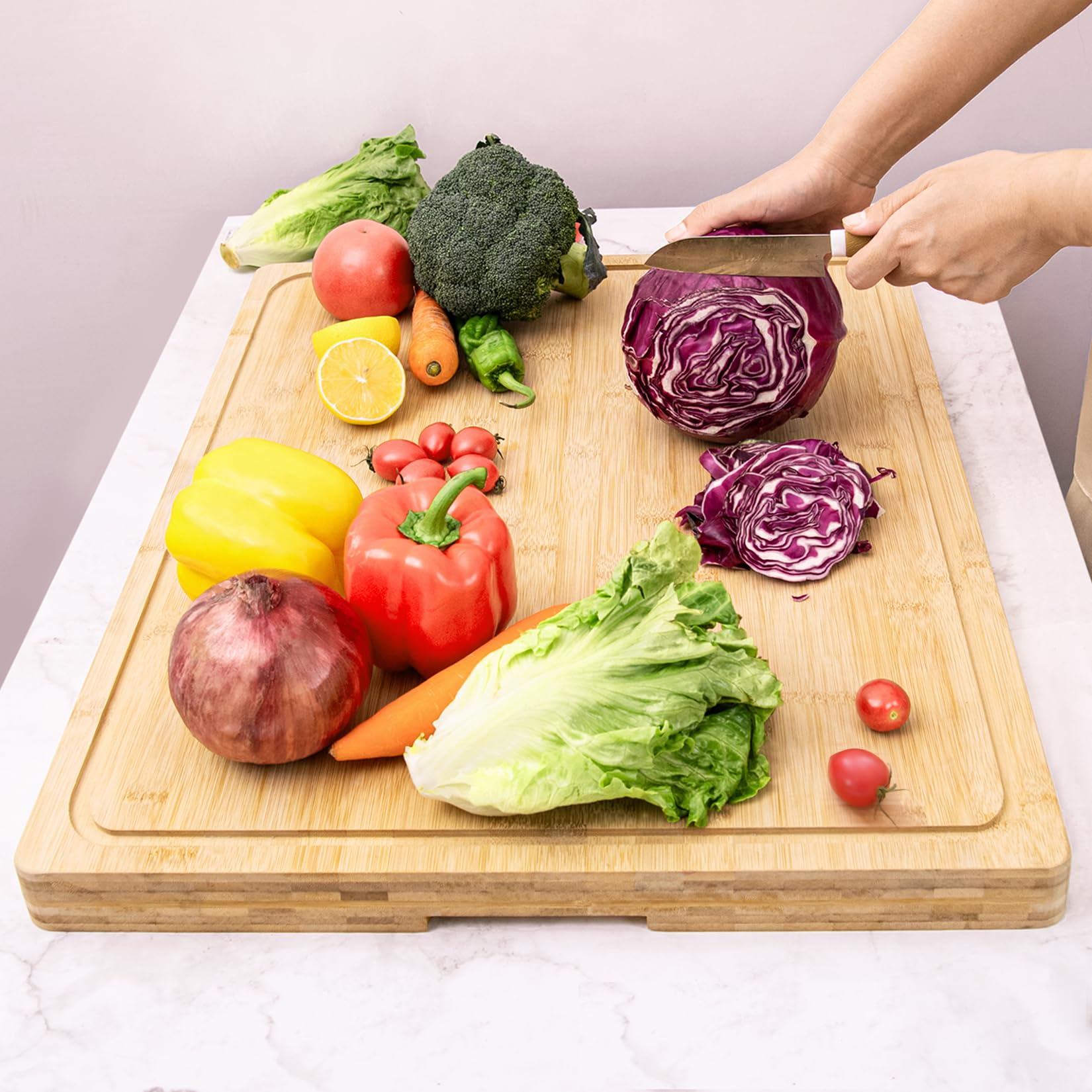 Tagliere in bambù da 64 x 48 cm per cucina, grande tagliere spesso 3,8 cm, tagliere da macellaio, con manico interno, scanalatura per succo, per tacchino, carne, verdure, formaggio e frutta