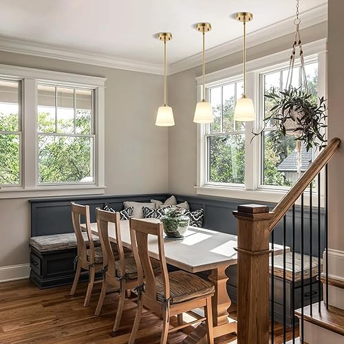 Miniatura 6 de Lámpara colgante moderna dorada, paquete de 3 lámparas de latón cepillado de mediados de siglo, cilindro blanco, pantallas de vidrio, varillas