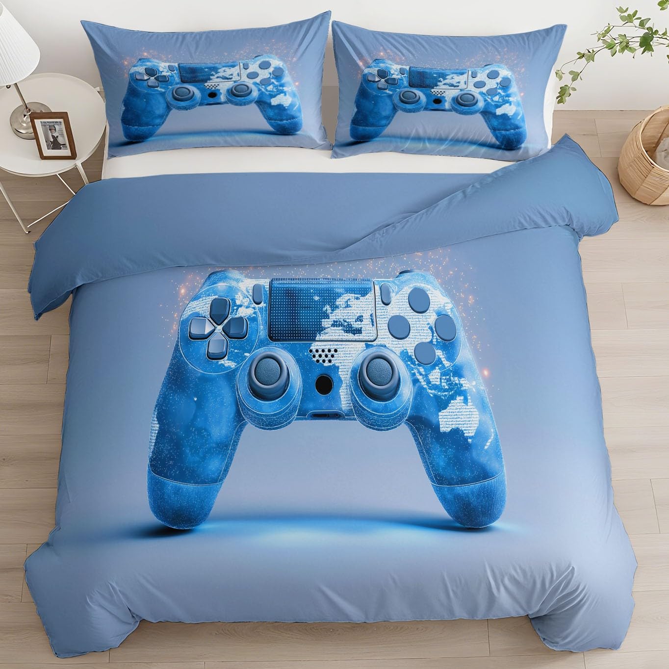 Juego de Funda Nórdica Cama 105/135 de 3 Piezas - Funda Edredon Doble Azul Oscuro Reversible, Funda Nordica Minimalista Mando De Videojuegos Dibujos Animados para Adolescentes Niña Niño 200 x 200 cm