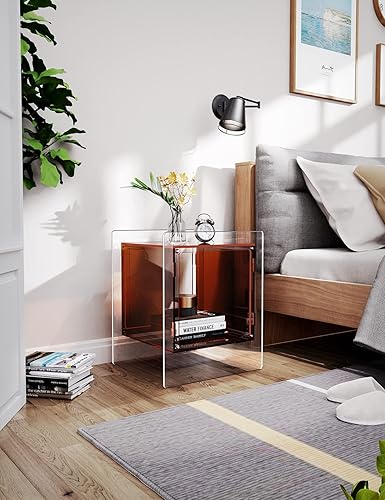 Miniatura 2 de Mesita de noche acrílica colorida con estante de almacenamiento abierto, mesa auxiliar transparente para sala de estar (1, marrón oscuro)