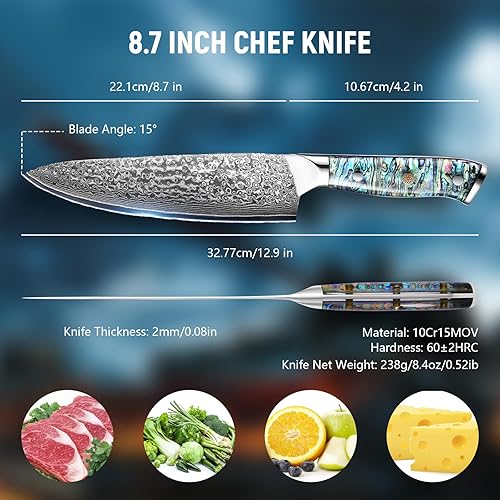 Miniatura 4 de Cuchillo de chef japonés de 8 pulgadas, cuchillos de cocina profesionales japoneses, patrón de martillo forjado de acero de Damasco 10Cr15MOV y