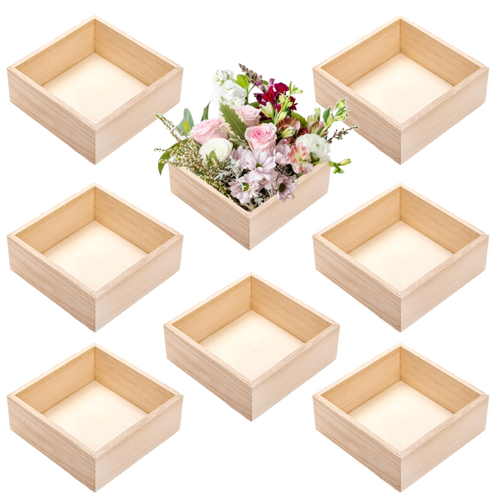 Frcctre 8 Pack Unfinished Wooden Box, 6 x 6 Inch Square Rustic Wooden Box Storage Organizer Boxes Small Wood Boxes for Crafts, Centerpiece, Home Decor, Storage, Collectibles, Succulent, Drawer