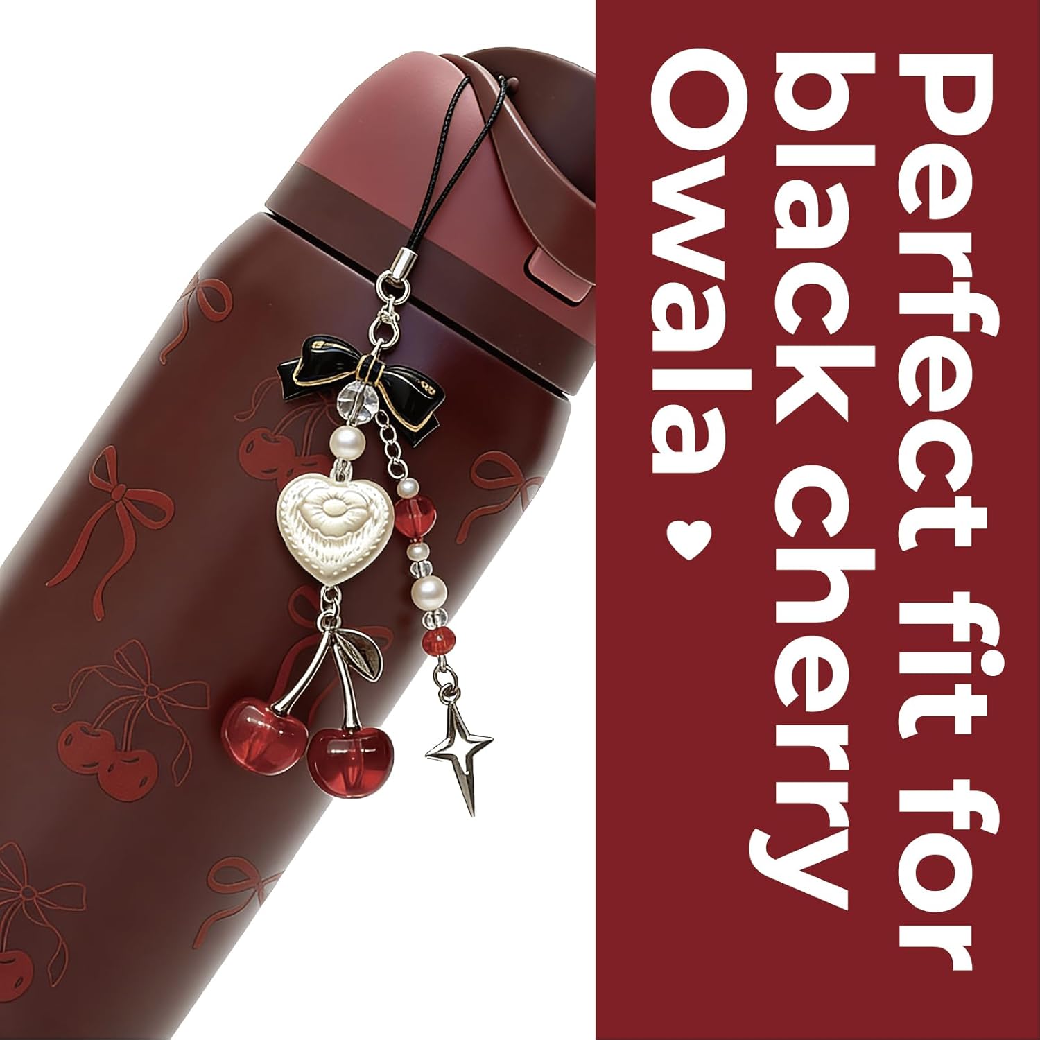 Black Cherry Owala Water Bottle Stickers Set for Owala FreeSip 24/32/40oz & Kids, UV DTF Transfer Decals with Cherry Pearl Charm, Personalized Accessories for Stanley Cup 40/30 oz Tumbler (4.5x7.5) - Image 9