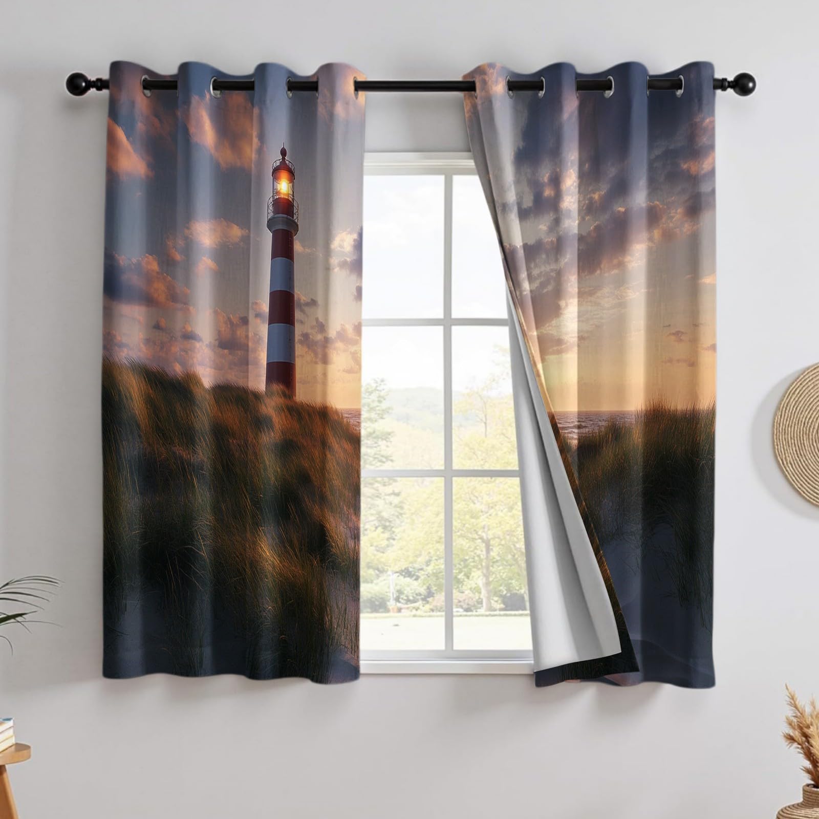 Tende Oscuranti con Tasca Passabastone, Faro della spiaggia Alghe Coppia di 2 Pannelli 140L x 200A cm