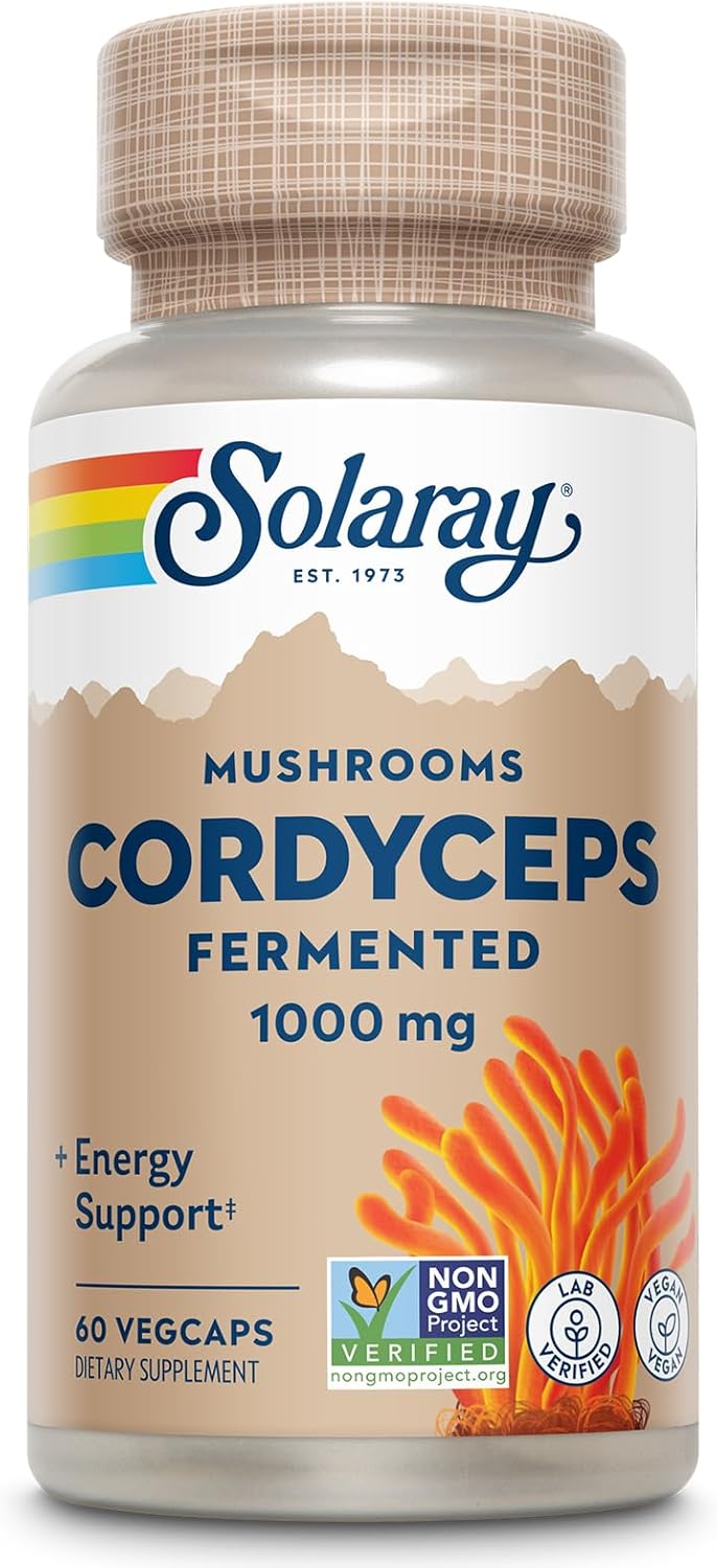 SOLARAY Fermented Cordyceps Mushroom 1000 mg - Healthy Energy Support - Fermented for Enhanced Absorption - Vegan, Non-GMO, Lab Verified - 30 Servings, 60 VegCaps