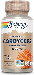 SOLARAY Fermented Cordyceps Mushroom 1000 mg - Healthy Energy Support - Fermented for Enhanced Absorption - Vegan, Non-GMO, Lab Verified - 30 Servings, 60 VegCaps