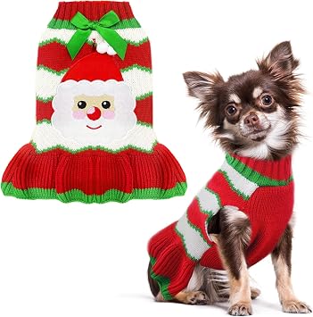PETCARE Christmas Dog Dress Sweater with Harness Hole Cute Santa Red Striped Knitted Puppy Sweaters Vest Soft Warm Fall Winter Girl Dog Clothes for Small Medium Dogs Cats Pet Xmas Outfits, Medium