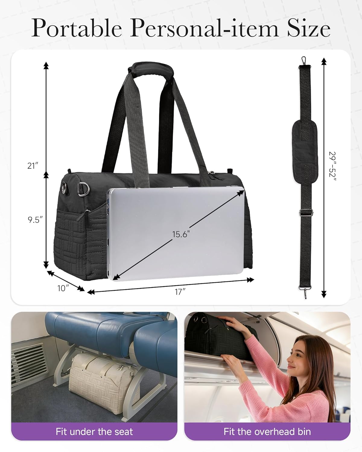 Travel Duffle Bag for Women, Personal Item Carry On Bag for Airplane, Lightweight Weekender Overnight Bag with Large Wet Pocket & Laptop Compartment, Gym Tote for Sport, Trip, Work (Black)