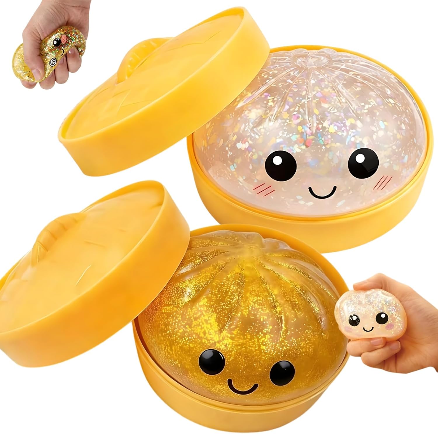 Glitter Dumpling Squishy Mystery Box - Smile White and Gold 2026 Upgraded Dumplings Squishes for Adults Teens Squeeze Easter Basket Stuffers & Stocking Stuff - 2 Pcs
