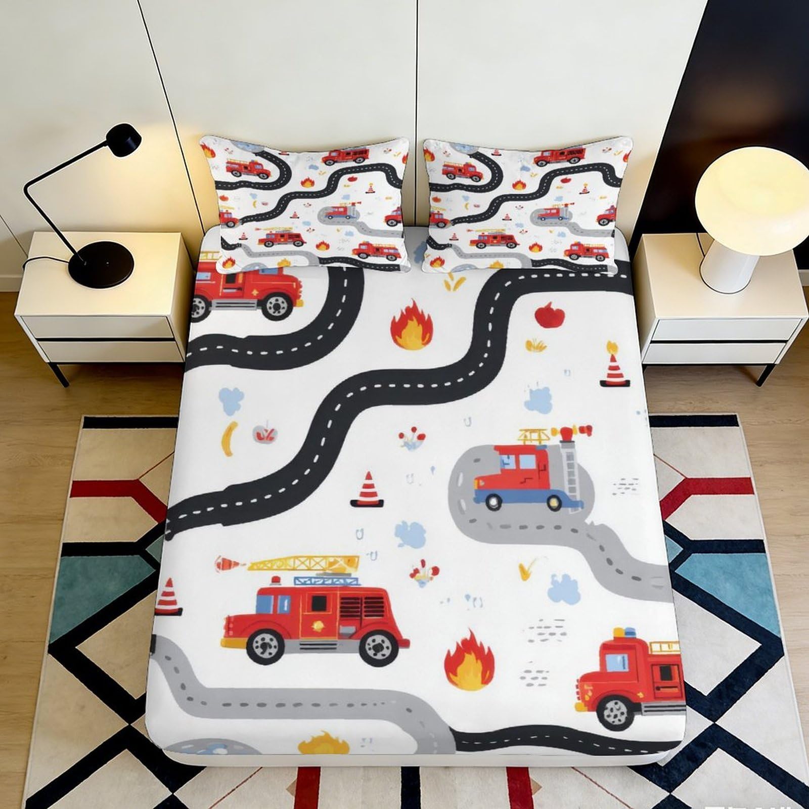Pnayamiorkfel Style-10 3D Printed Fire Truck Road Fitted Sheet Microfiber Soft Decor Flame Rescue Bed Cover For Bedroom Guest Room Easy Care 90X200x25cm