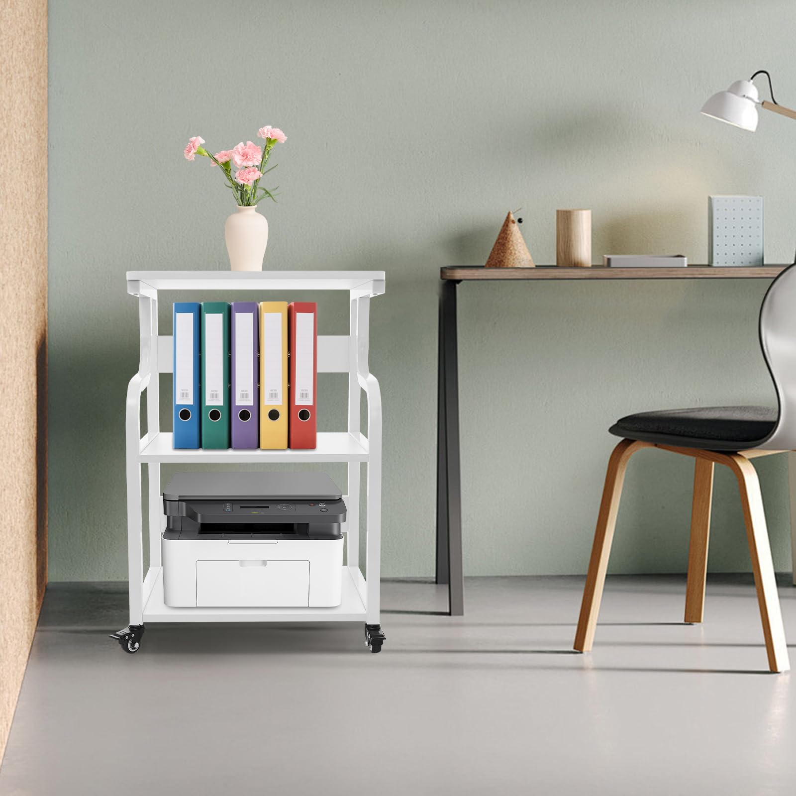 Tavolo per stampante a 3 livelli con ruote universali, 50 x 40 x 74,5 cm, in metallo, oltre 80 kg, per uffici domestici, uffici aziendali, sale di studio, spazi di stampa