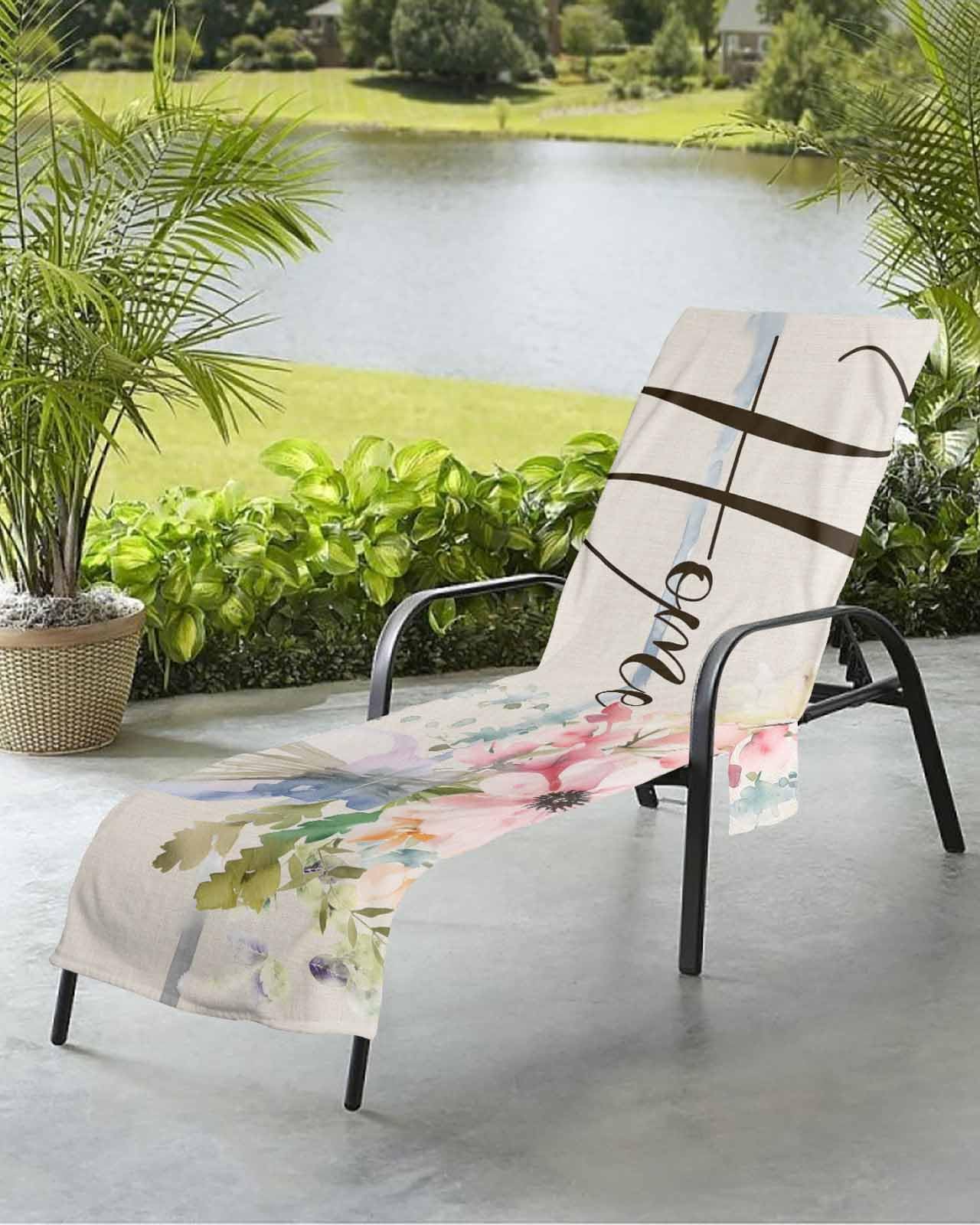 Bottle Floral Beach Chair Towel Covers for Chaise Lounge with Side Pocket, Soft Plush Pool Towels Cover for Patio Sunbathing Outdoor 29''x85'' Spring Watercolor Botanical Blooms Beige