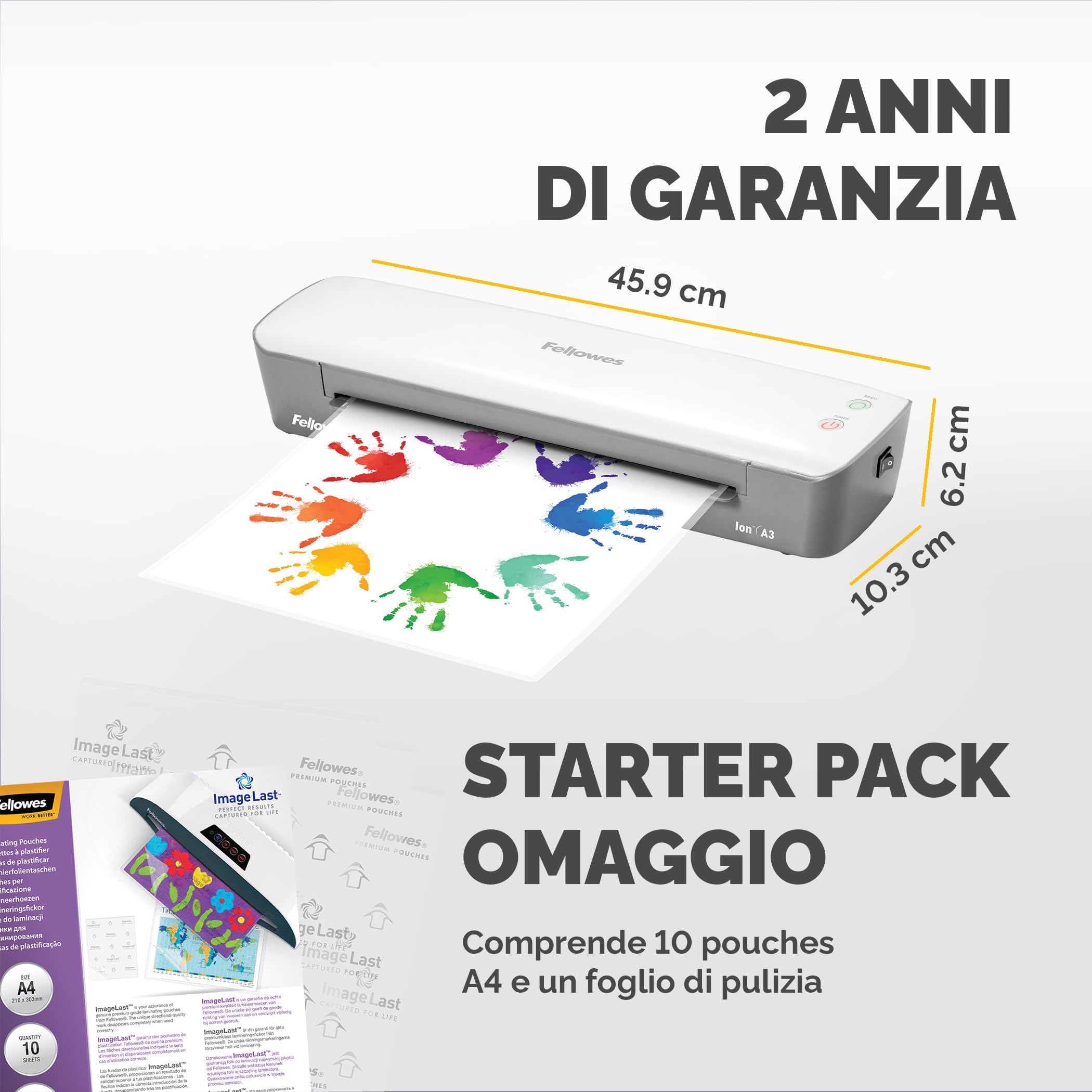 Fellowes plastificatrice Ion A3, formato A3, fino a 125 micron, per casa e ufficio, plastificatrice con leva di sblocco e modalità riposo, riscaldamento in 4 minuti, incluso starter pack di 10 pouches