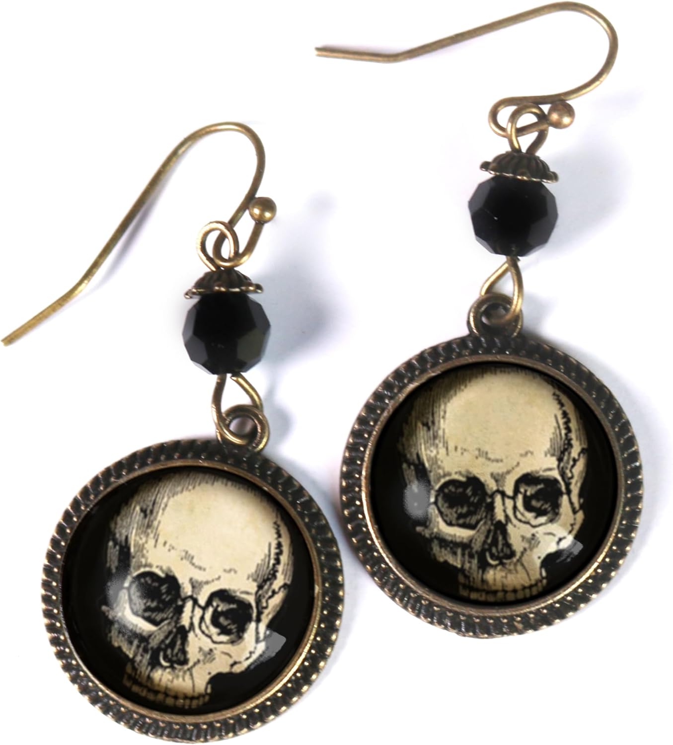 Human Skull Earrings With Black Bead