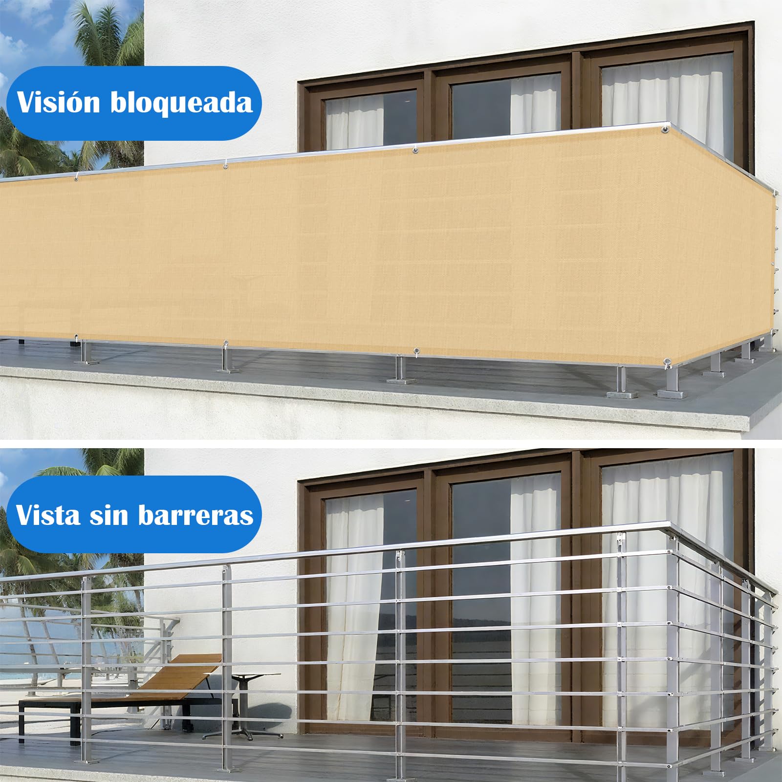 Cool Area Pantalla Privacidad para Balcón 75x400 cm Impermeable Malla de Ocultacion Protección Opaca para Jardín Exterior Terraza,Protección UV,Resistente al Viento,con Ataduras de Cables,Arena — view 4