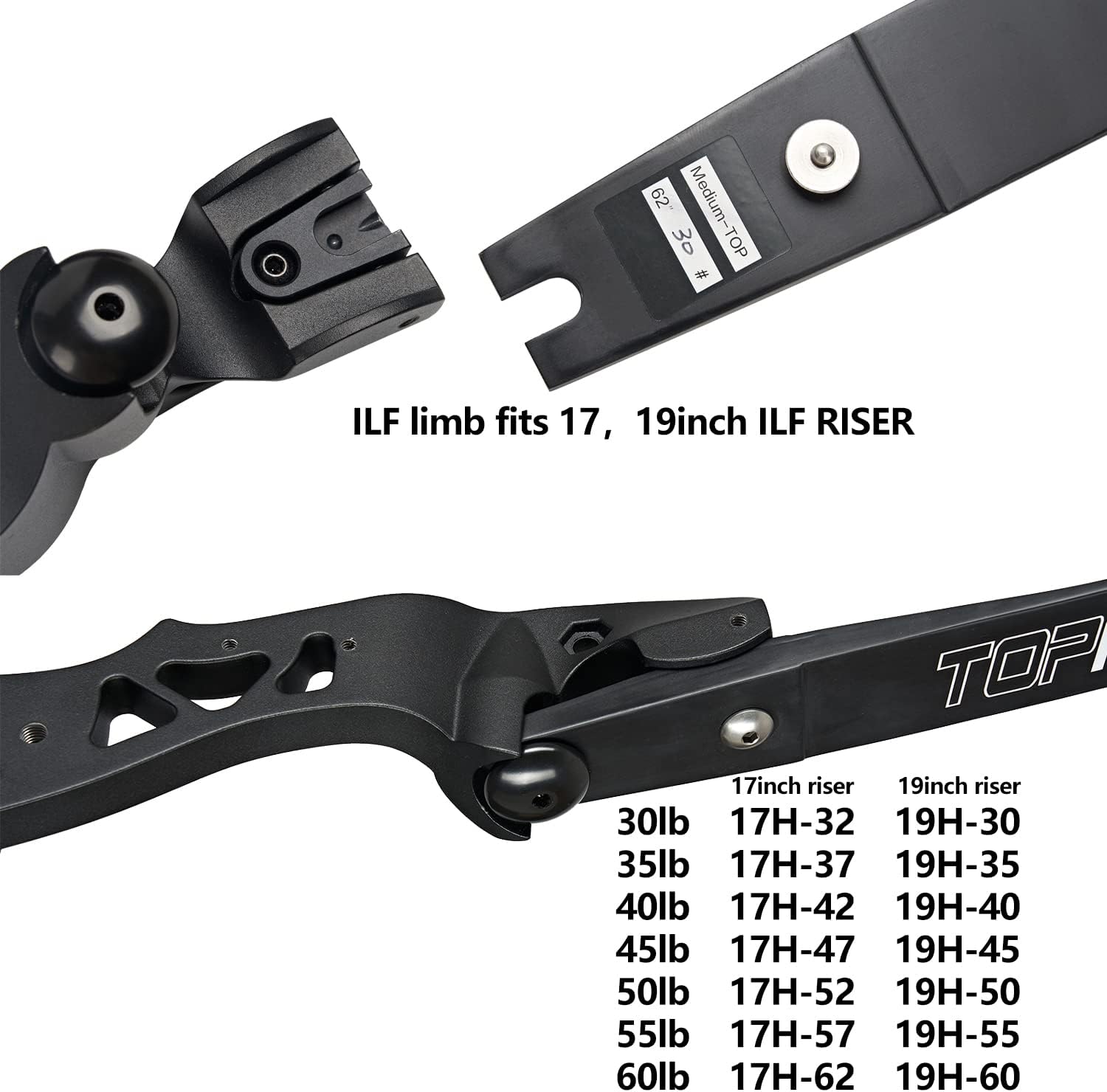 TOPARCHERY Archery Takedown Recurve Bow Limbs Replacements 25-60lbs ILF Bowlimbs for Recurve Bow Tradition Hunting and Target Shooting