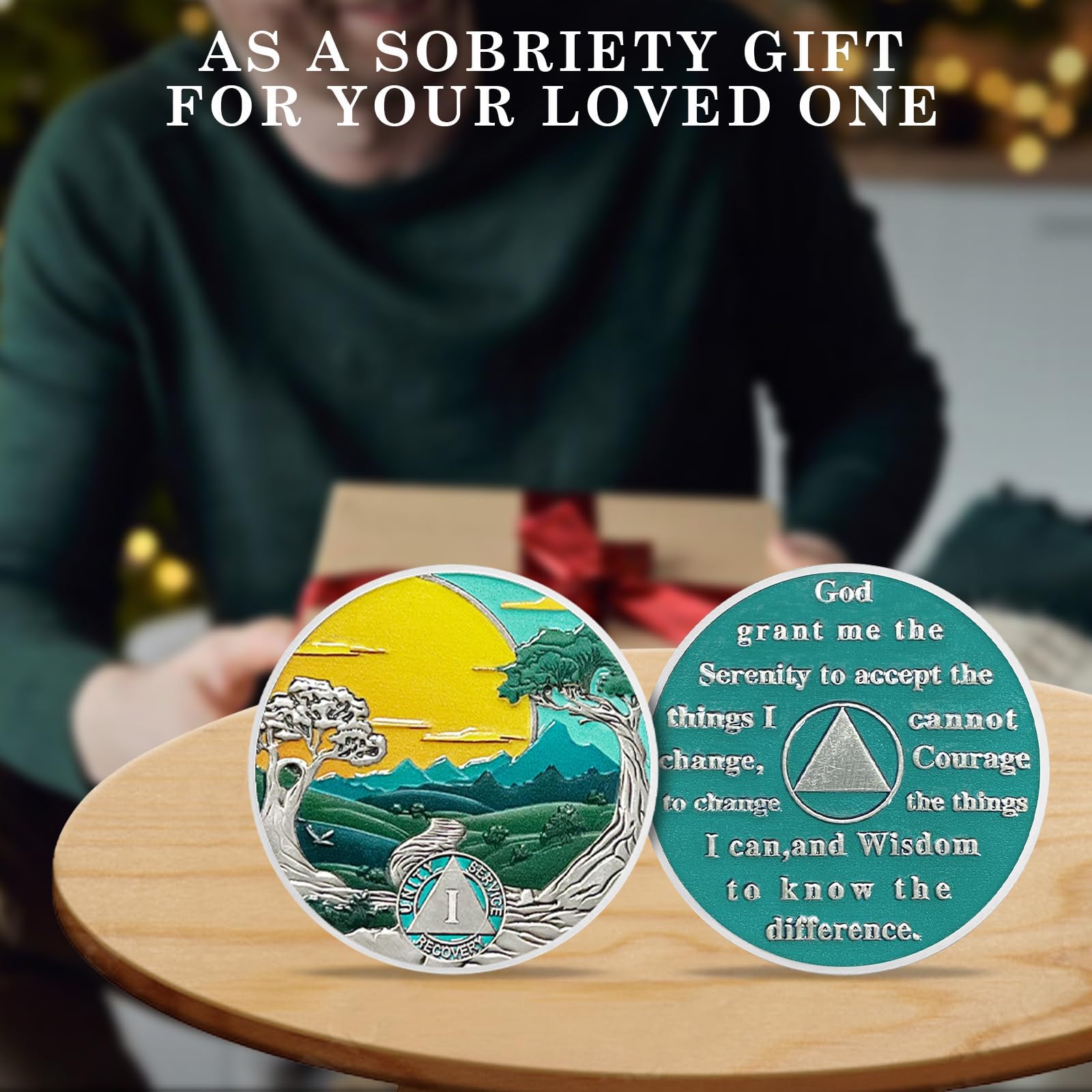 Moneda de sobriedad – 1 año de chip de sobriedad verde bosque recuperación solar Mountain Tree Road NA AA Chips y medallones sobrios token alcohólicos anónimos regalos sobrios