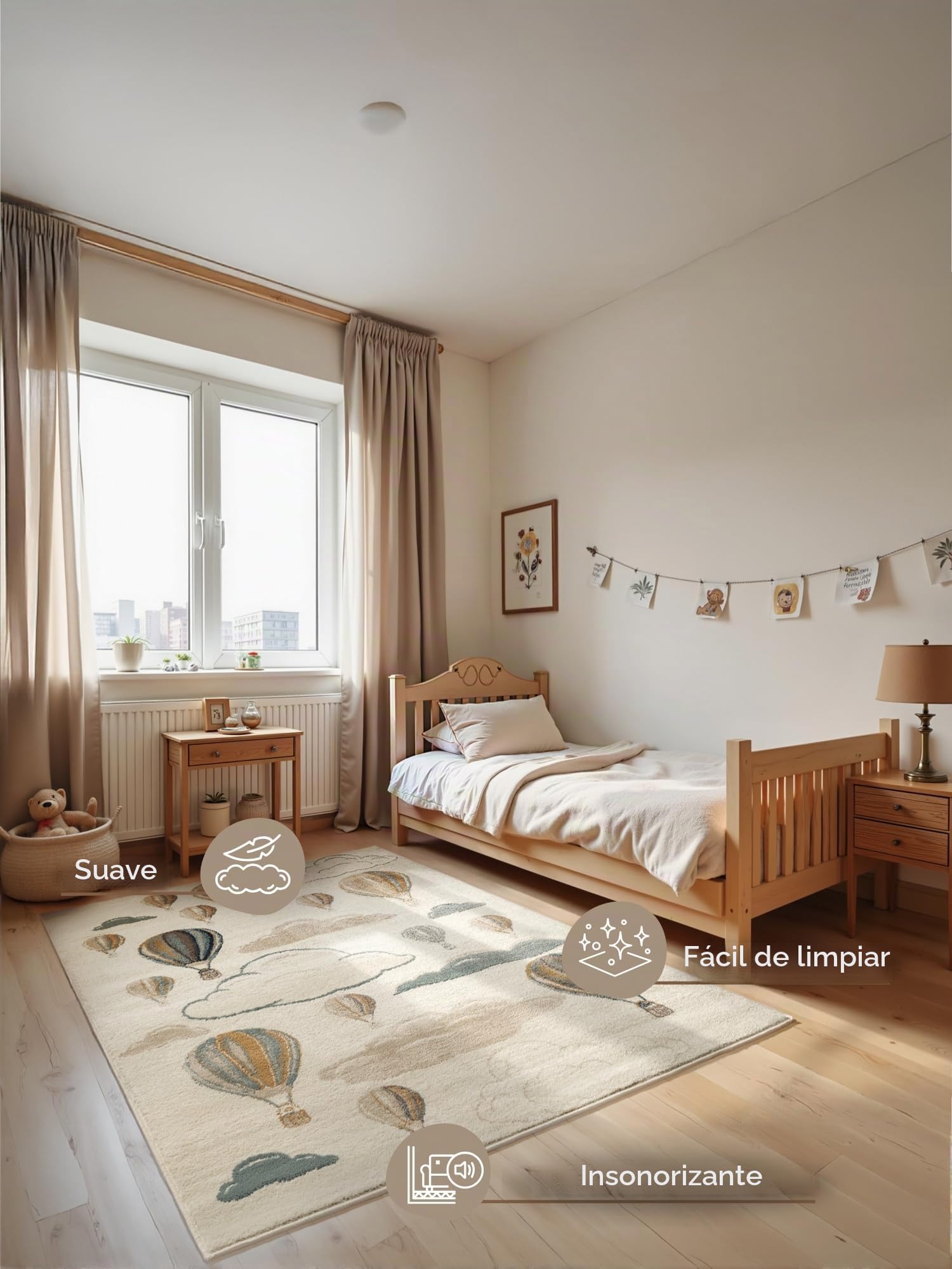 Hanse Home Adventures Alfombra Infantil, Globo aerostático, en Colores Pastel, Moderna, para Gatear, para habitación de los niños, habitación Juvenil, salón, Crema Multicolor, 120 x 170 cm