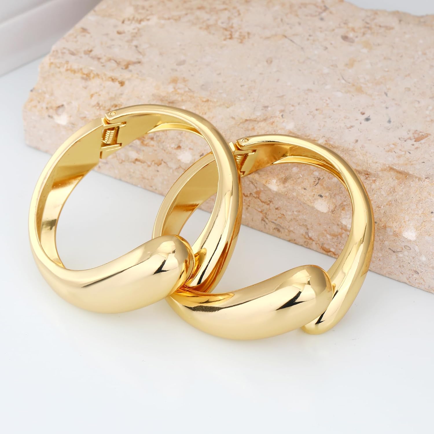 2PCS Chunky Cuff Bangle Bracelets Stack for Women Non Tarnish Trendy, 14K Gold Plated Irregular Open Wide Hinged Thick Chain Wrap Bangles Bracelet Set Arm Jewelry Gifts - Image 7