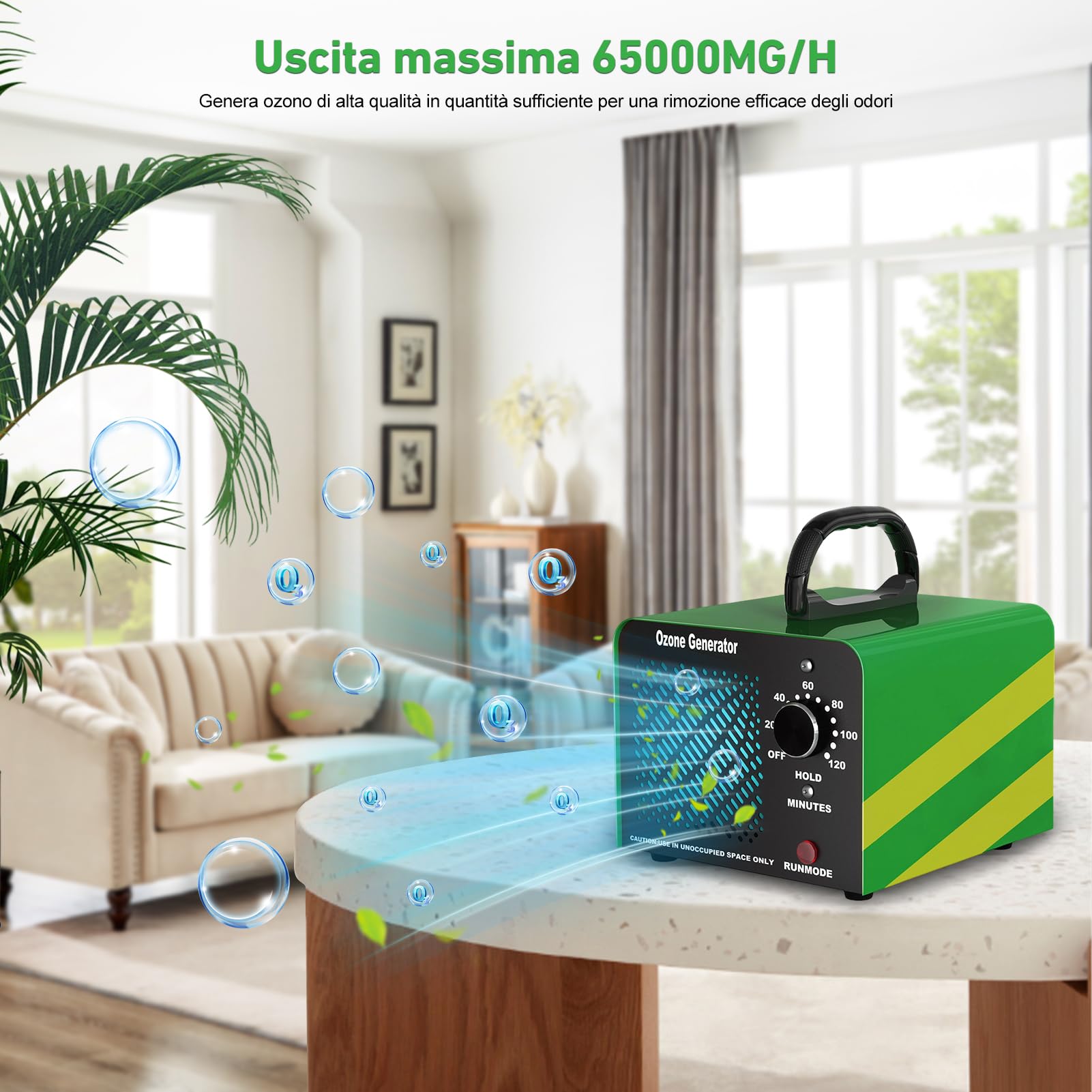 Generatore di ozono 65000mg/h, O3 Ozonizzatore per Veicoli, Generatore ozono con Timer 120 Minuti per Ambienti fino a 300㎡,Perfetto per case, uffici, hotel, ristoranti, veicoli e altro ancora