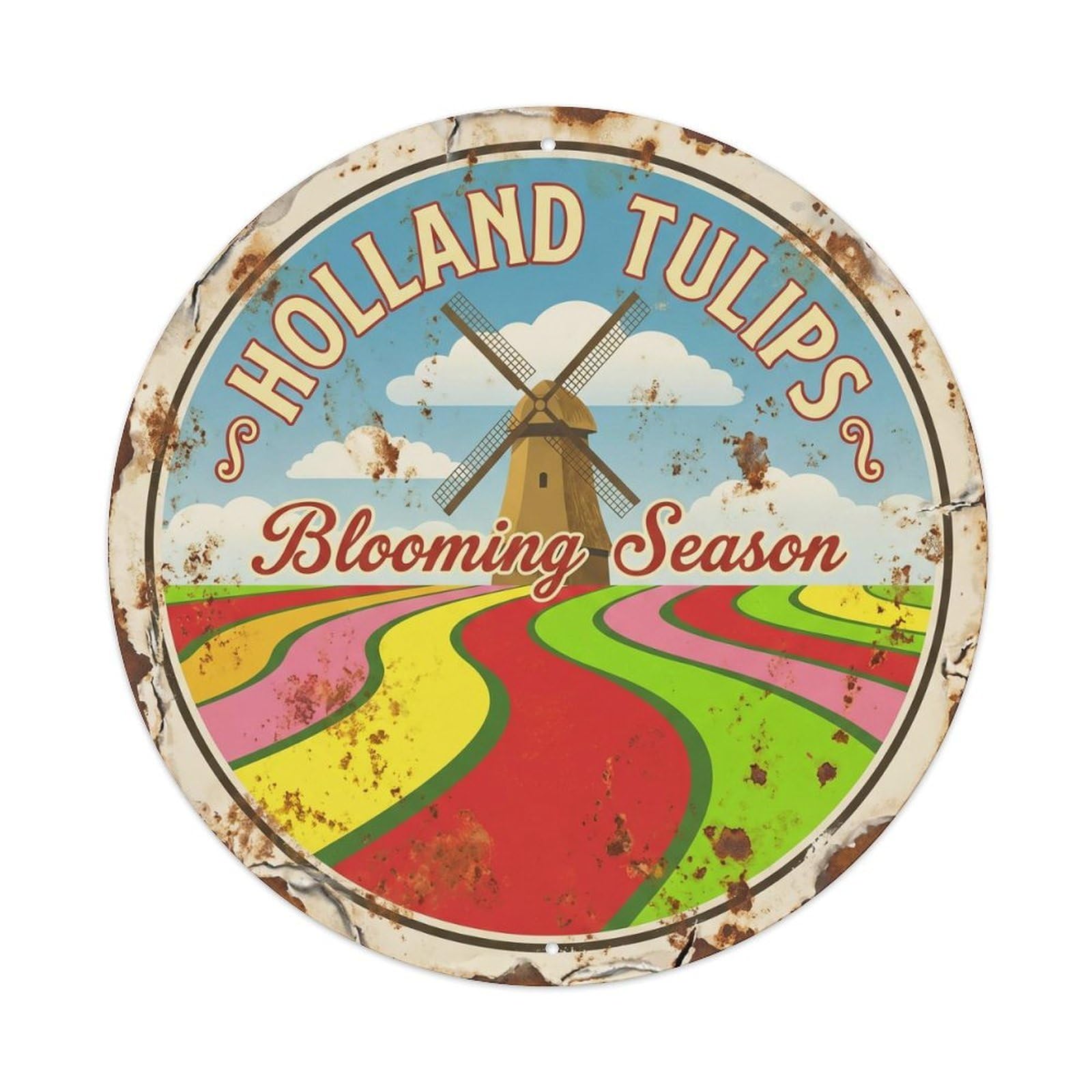 Vintage Travel Dutch Tulips Amsterdam Metal Tin Sign Plaque Wall Decor for Cafe, Club, Garden Round Metal Poster 8x8Inch