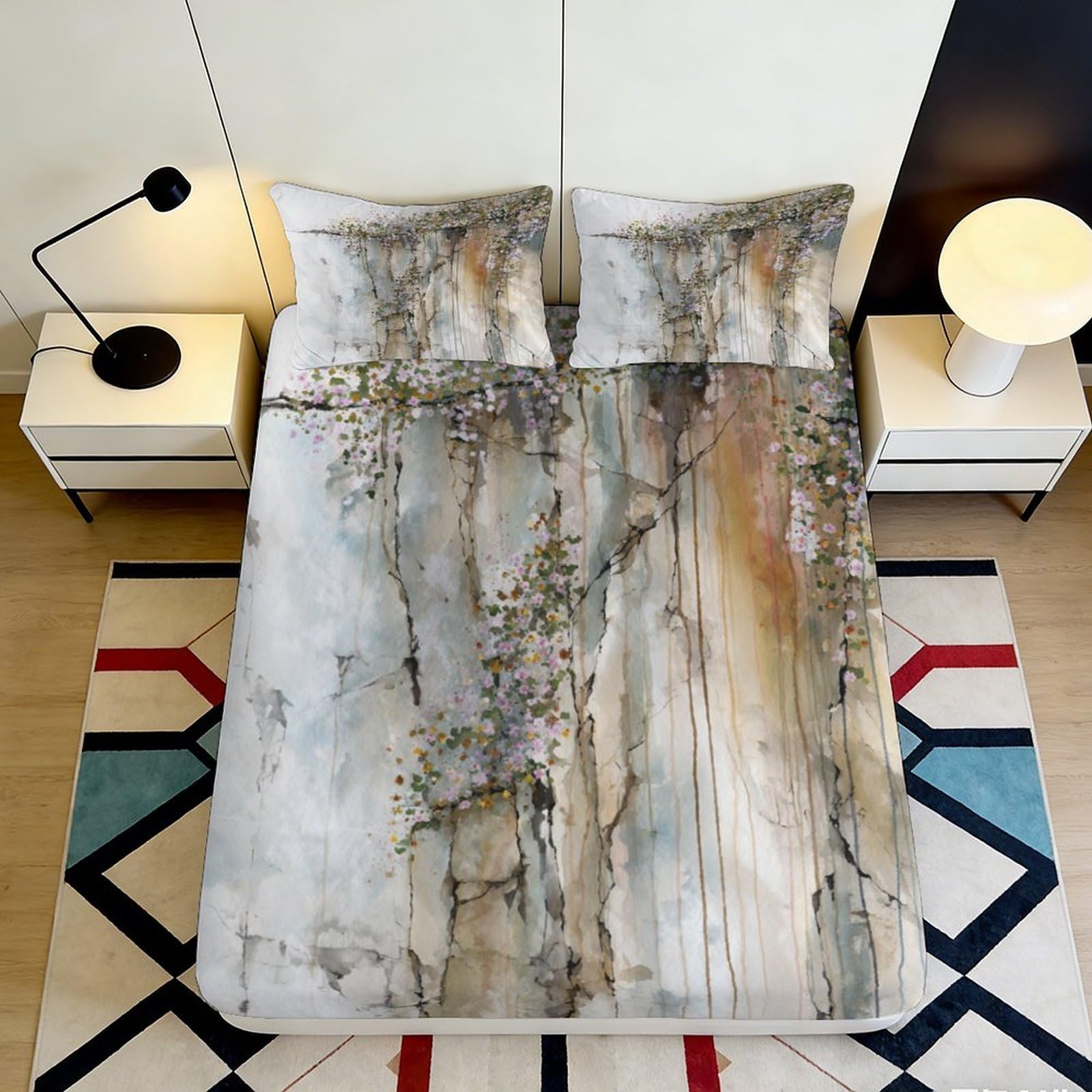 Pnayamiorkfel Style-5 3D Printed Watercolor Cliff Fitted Sheet Microfiber Artistic Floral Bed Cover For Bedroom Guestroom Decor Washable 90X200x25cm