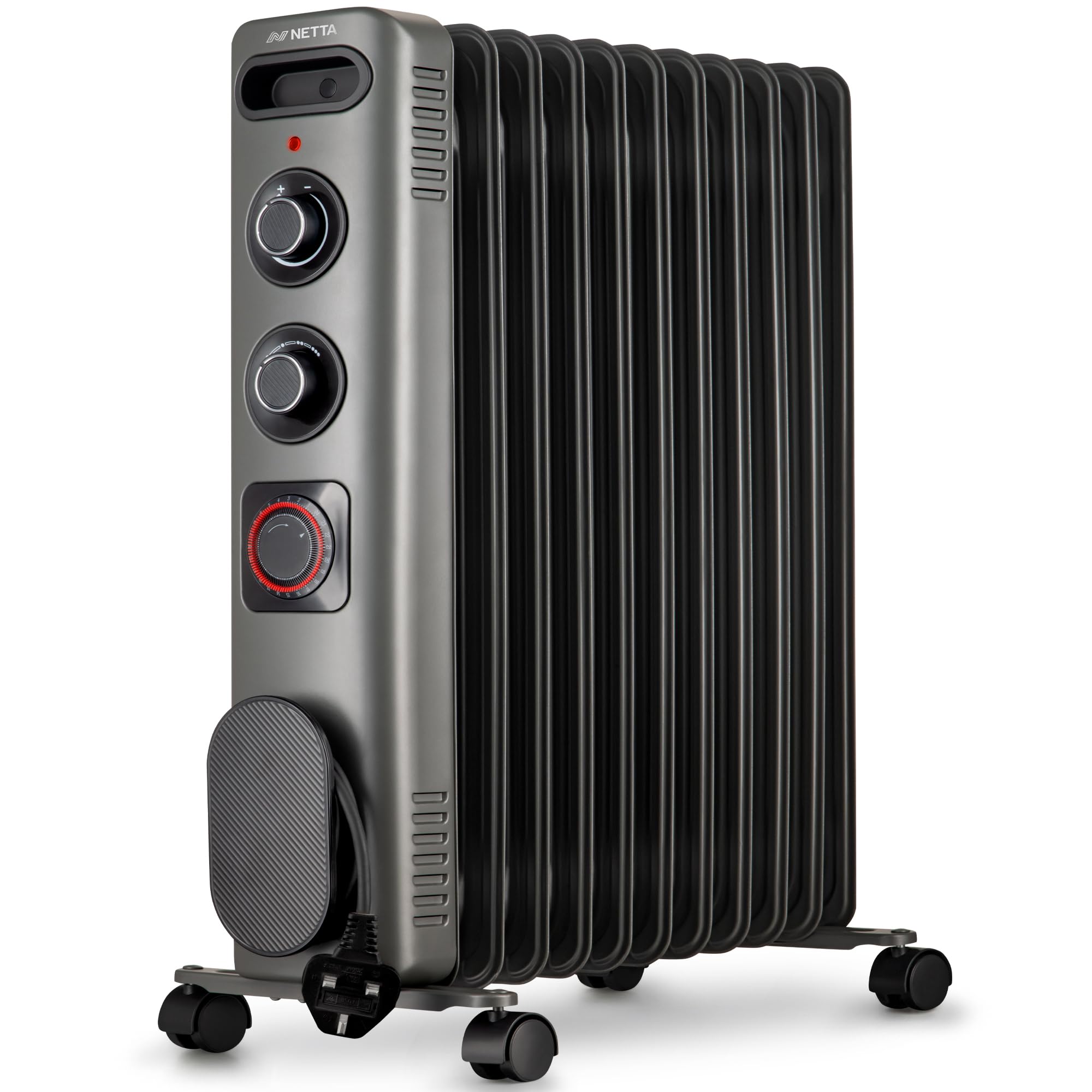 NETTA Oil Filled Radiator 2500W Electric Heater, 24H Timer, Silent - Grey