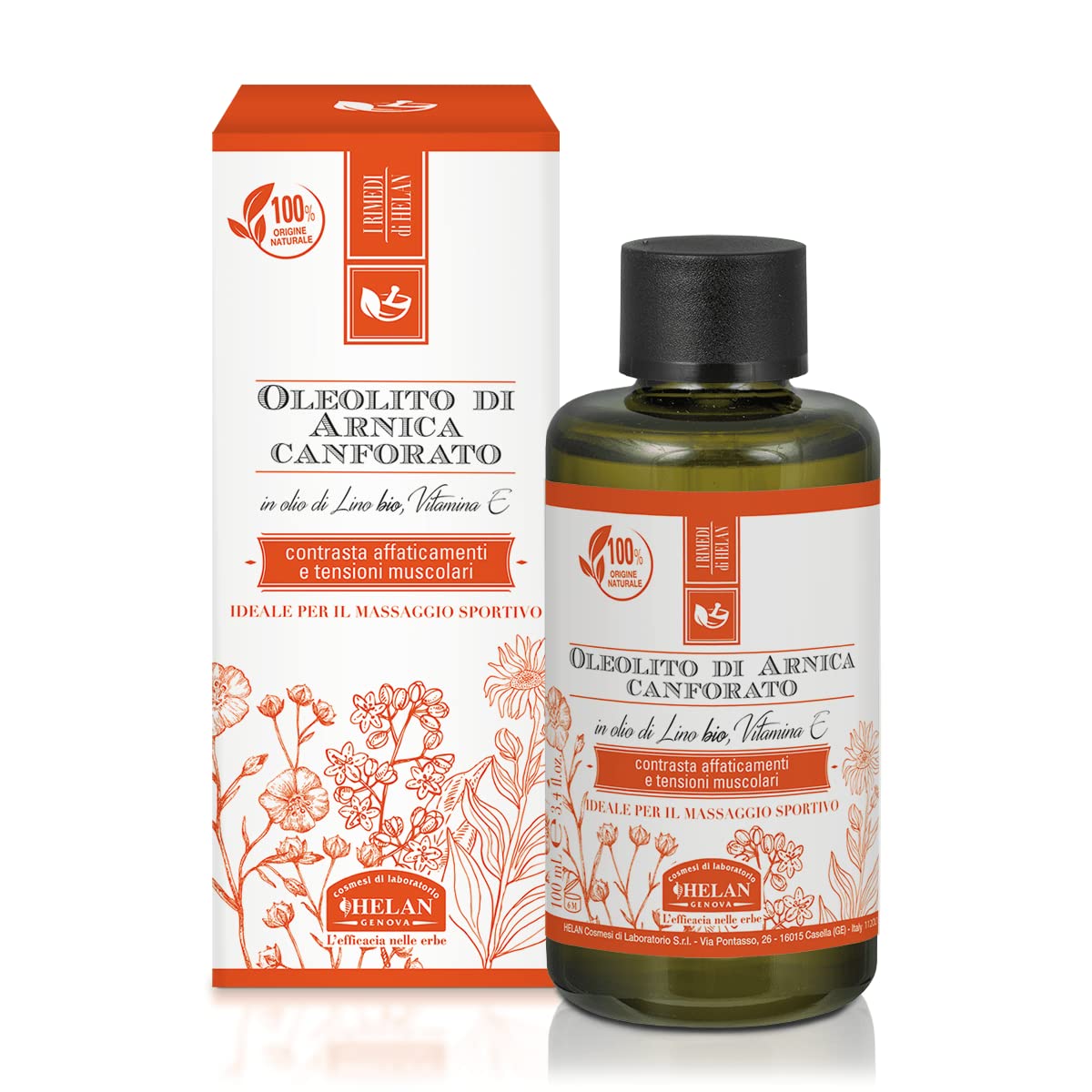 Helan I Rimedi - Sports Massage Oil for Muscle Tension & Fatigue with Vitamin E, Arnica, Linseed Oil & Camphor Essential Oil - Body Oil for Muscle Relief, Rapidly Absorbed - Made in Italy, 100 ml