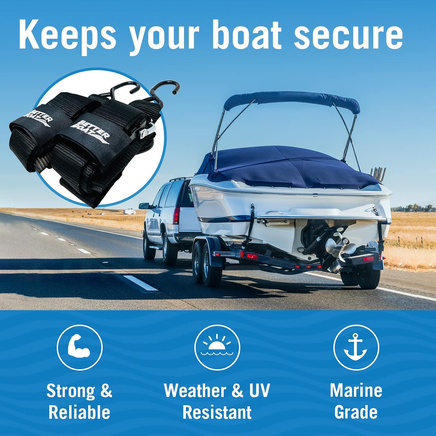 Boat Tie Down Straps to Trailer Boat Transom Tie Down Straps Heavy Duty Manual Buckle Clasp Tiedown 2" x 48" Short Small Transit 4 Foot Without Ratchet Boat Trailer Accessories for Boating & Jet Ski