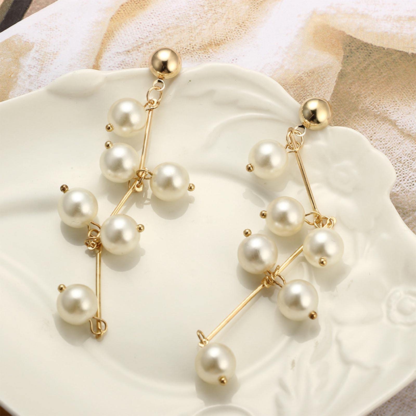 Orecchini A Goccia Lunghi Con Perle E Catena Oro - Lampadario In Perle Per Sposa, Gioielli Donna - 3
