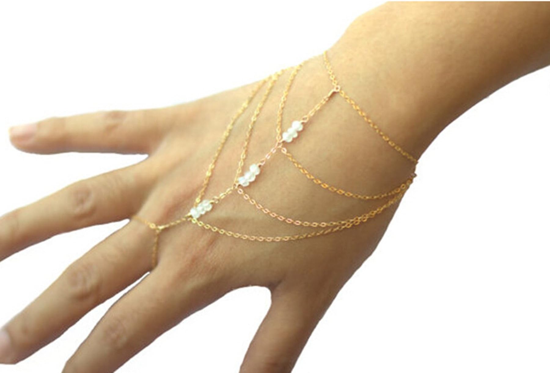 NC Celeb Celebrity Multi Chain Tassel Bracelet Bangle Slave Finger Ring Hand Harness Gold #11