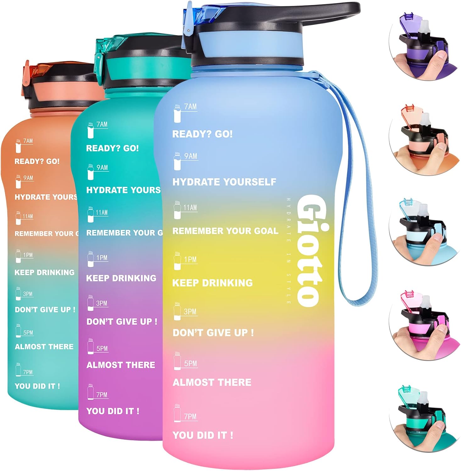 Giotto Large Half Gallon/64oz Motivational Water Bottle with Time Marker & Straw,Leakproof BPA Free Sports Water Jug with Handle to Remind You Drink More Water,Hydrate in Style