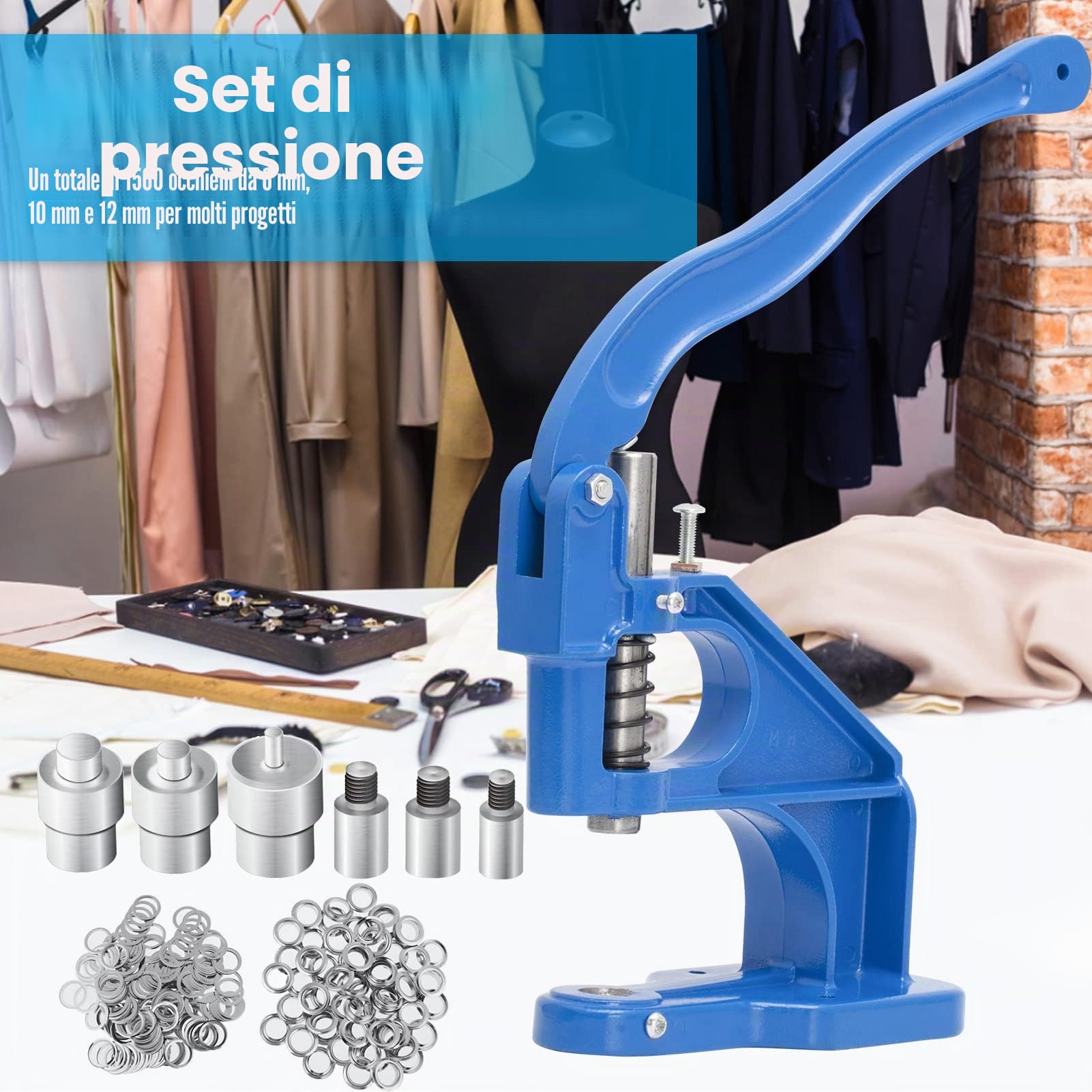 Occhiellatrice Macchina Occhiello Pressatrice, Pressa Occhielli, Macchina per Occhielli, Set di 3 Fustelle E 1500 Occhielli 6/10/12 Mm E 3 Perforatori per Tessuto in Pelle, Rivetti (Blu)