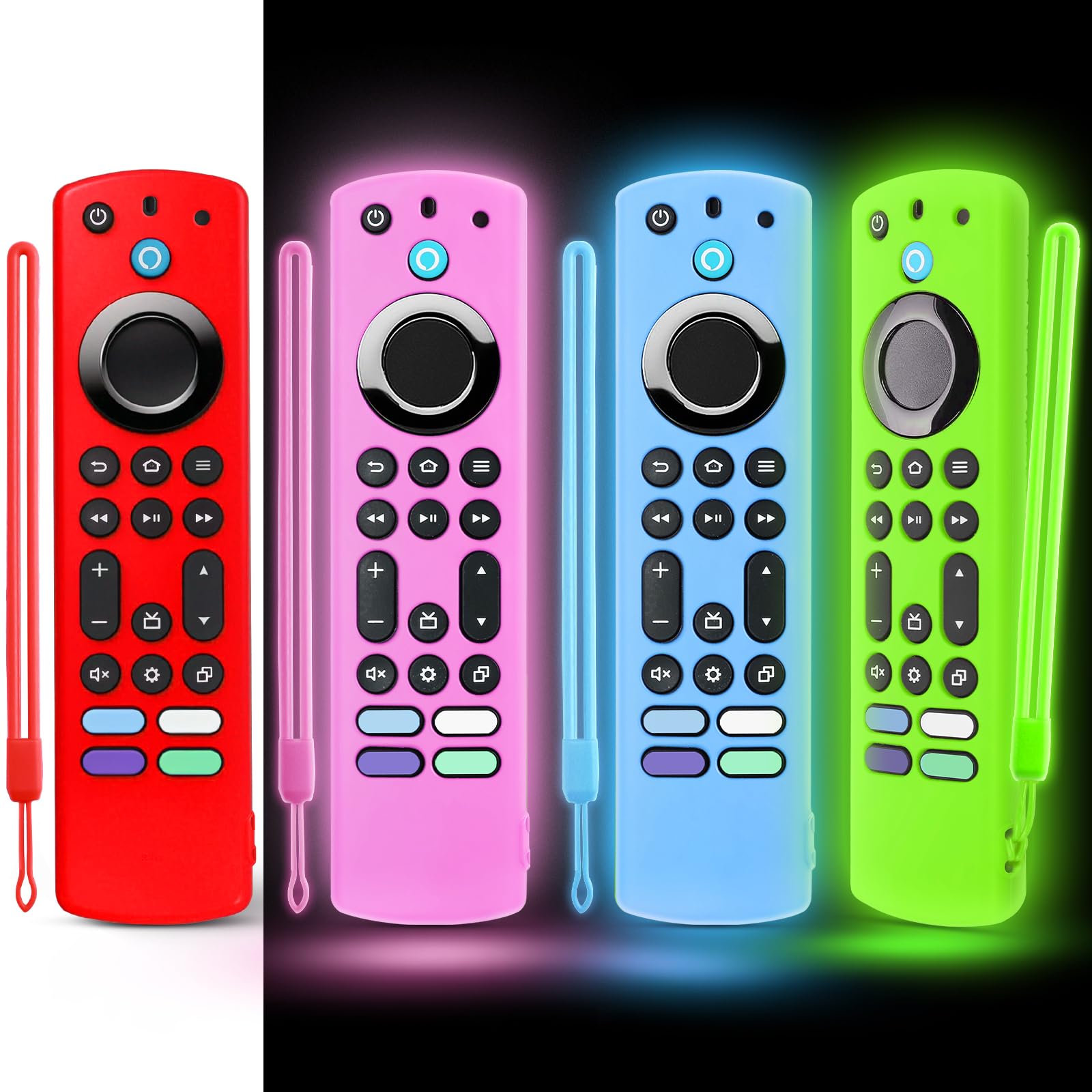Photo 1 of (4 Pack) OneBom 6.2" Silicone Remote Cover for Firestick 4K Max (2nd)/Insignia/Pioneer/Omni (QLED) Series Alexa Voice Remote Enhanced w/, Protective Case with Same Color Lanyard, Glow in The Dark