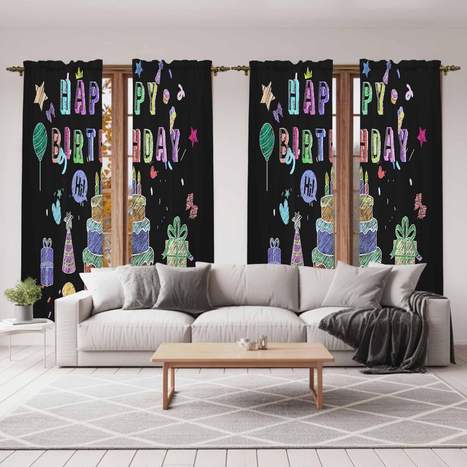 Happy Birthday Window Curtains 72 Inch Long 2 Panel Set, Rod Pocket Long Curtains & Drapes, Birthday Gifts Cake Balloons Black Light Filtering Window Treatment for Bedroom Living Room 52"W x 72"L