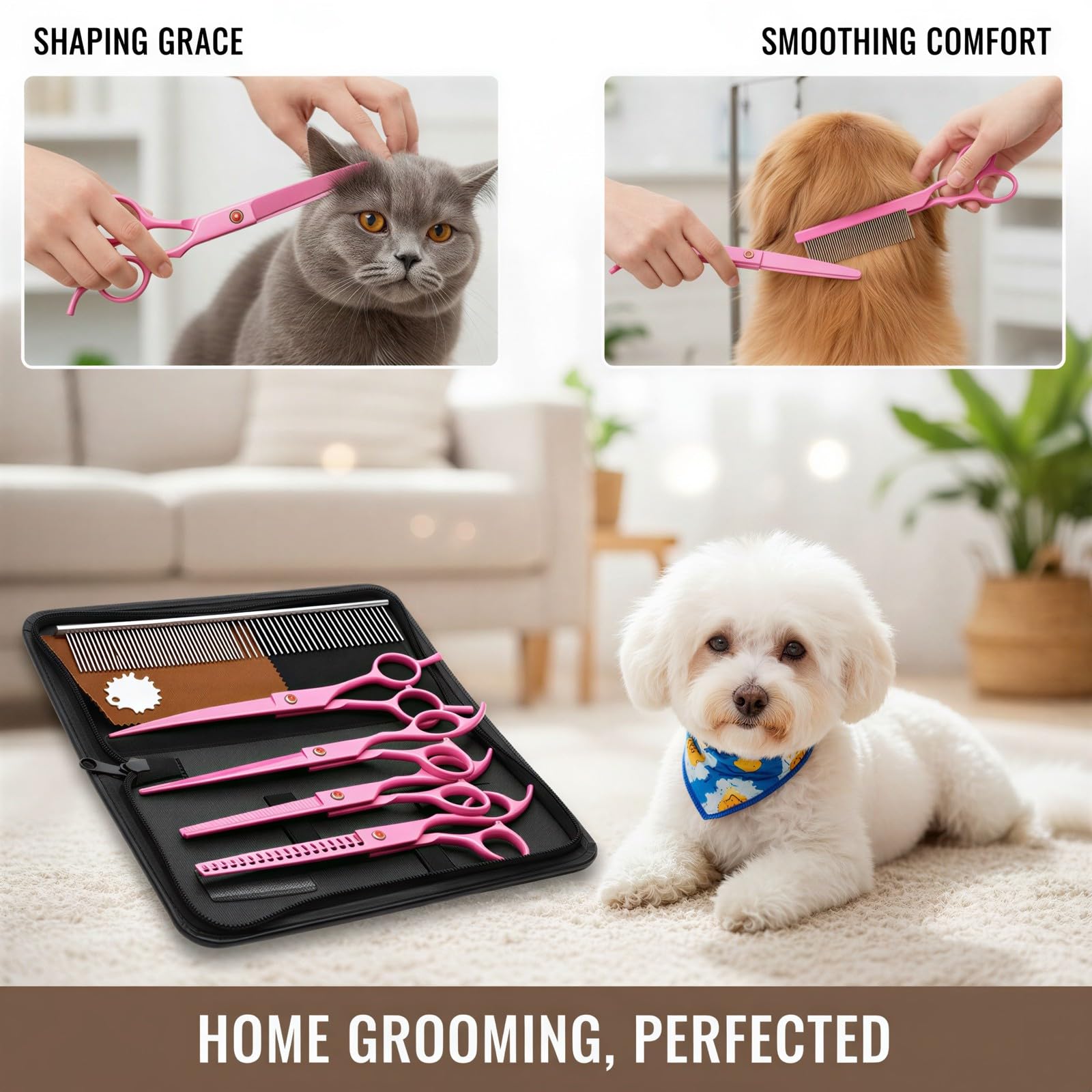 8 TLG. Tierpflege Scheren Set, rosa, 17,8 cm Edelstahl gerade Schere, Effilierschere und Gebogene Schere mit Hundekamm, ergonomische Fellschere für Katzen und Hunde, für präzises Trimmen